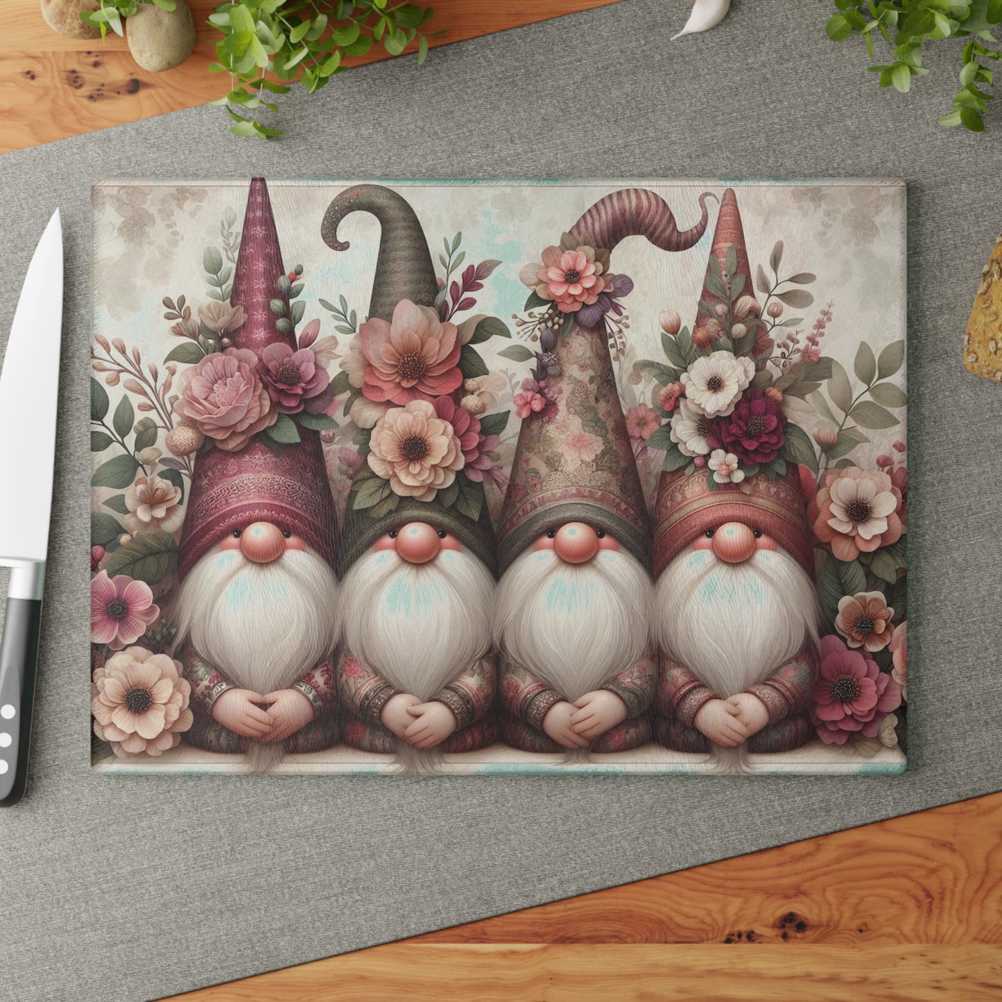 Floral Gnome Glass Cutting Board