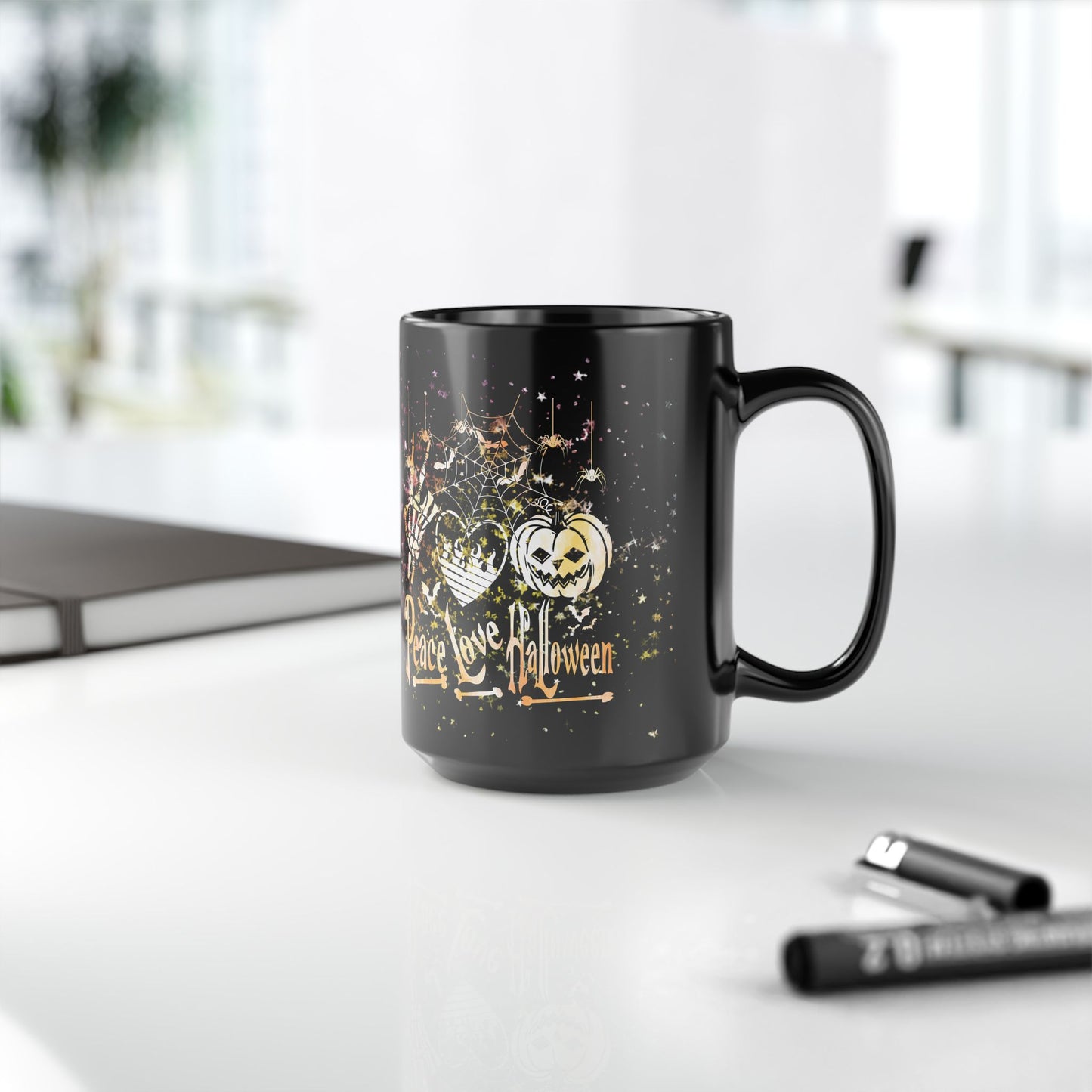 Halloween-Themed Black Mug | Peace Love Halloween Design, Spooky Coffee Cup, Fall Gift, Haunted House Decor, October Celebration
