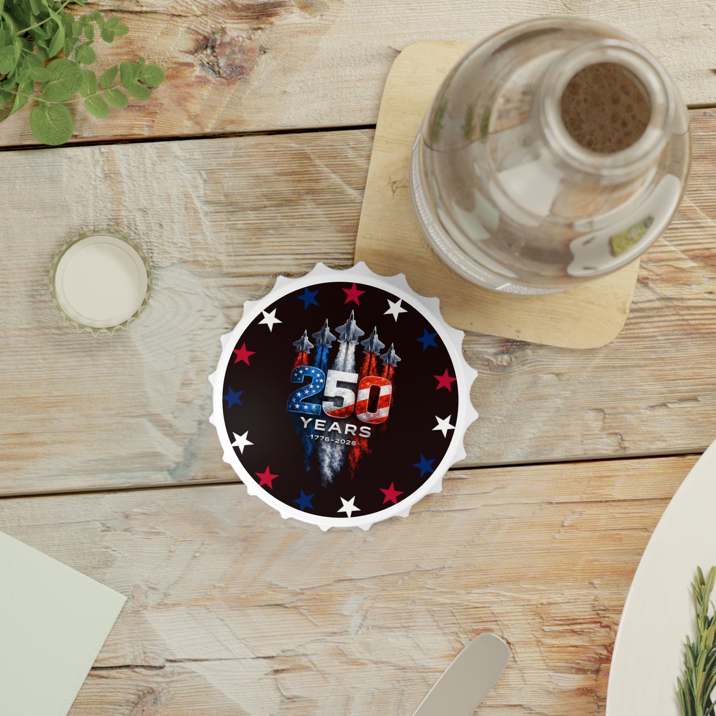 250 Years Patriotic Bottle Opener — 1776–2026 Jet Fighter Anniversary Design