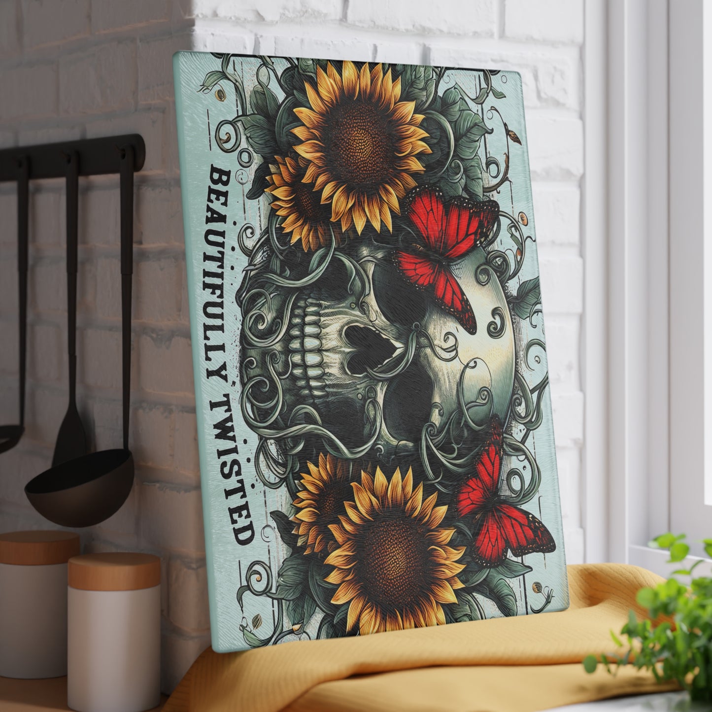 Beautifully Twisted Skull Glass Cutting Board with Sunflowers and Butterflies