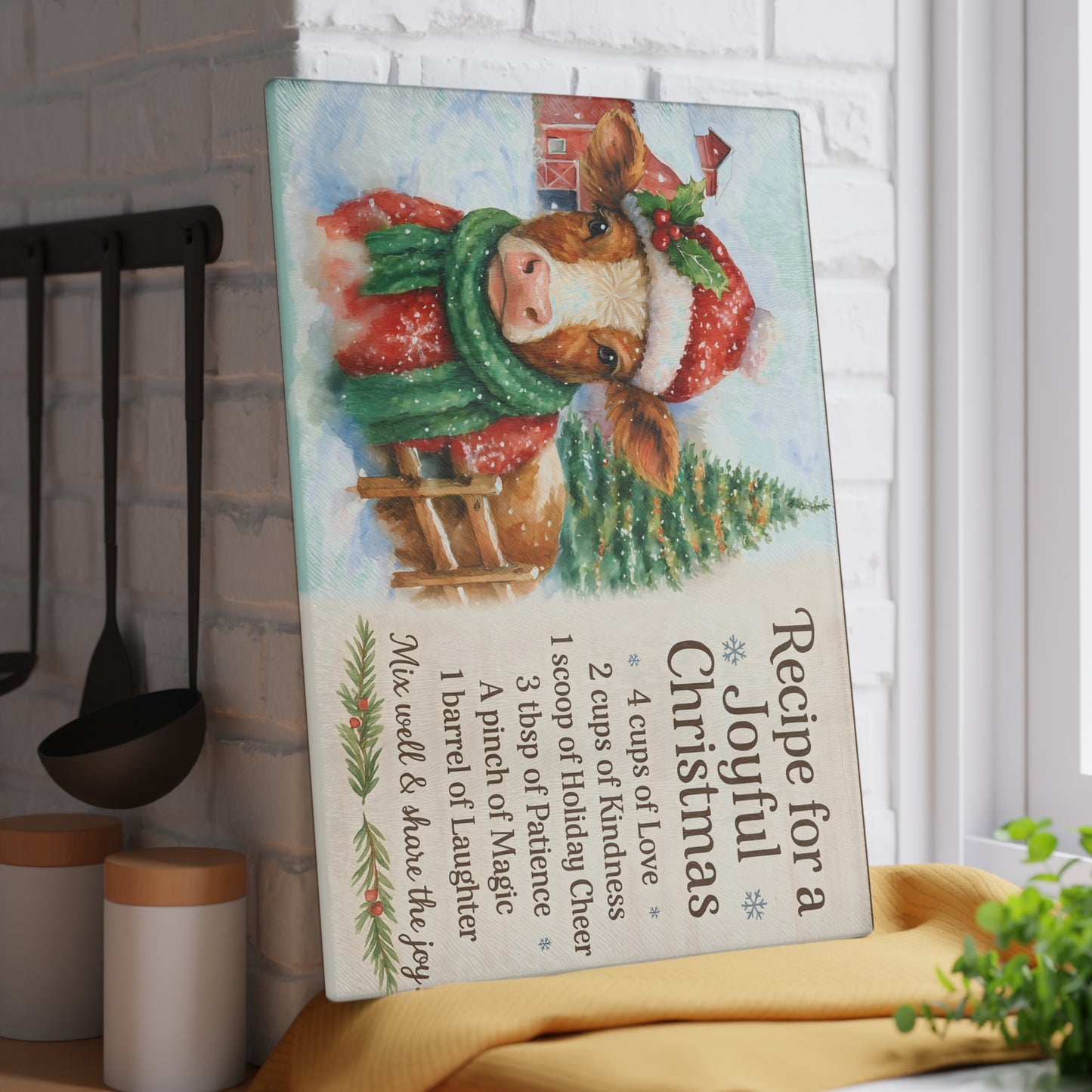 Holiday Recipe Glass Cutting Board - Joyful Christmas Design