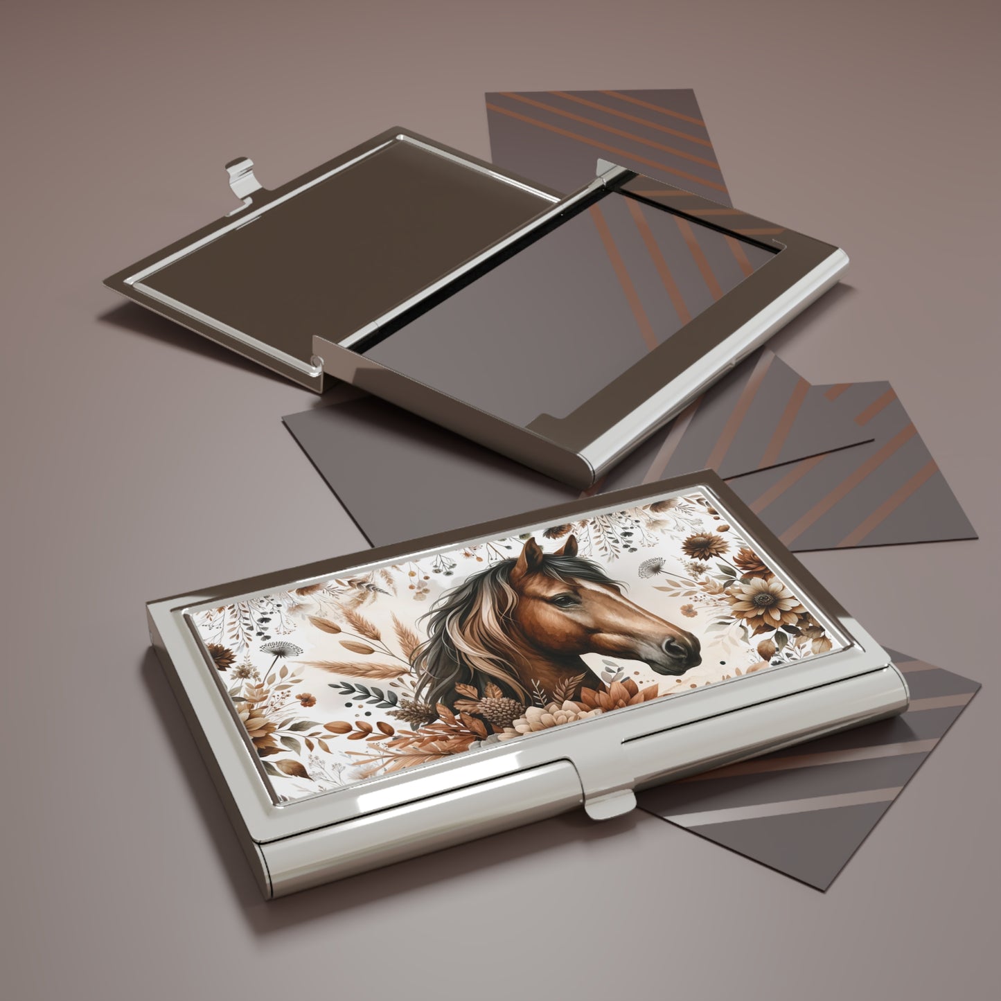 Horse Floral Business Card Holder — Rustic Brown Equestrian Metal Case