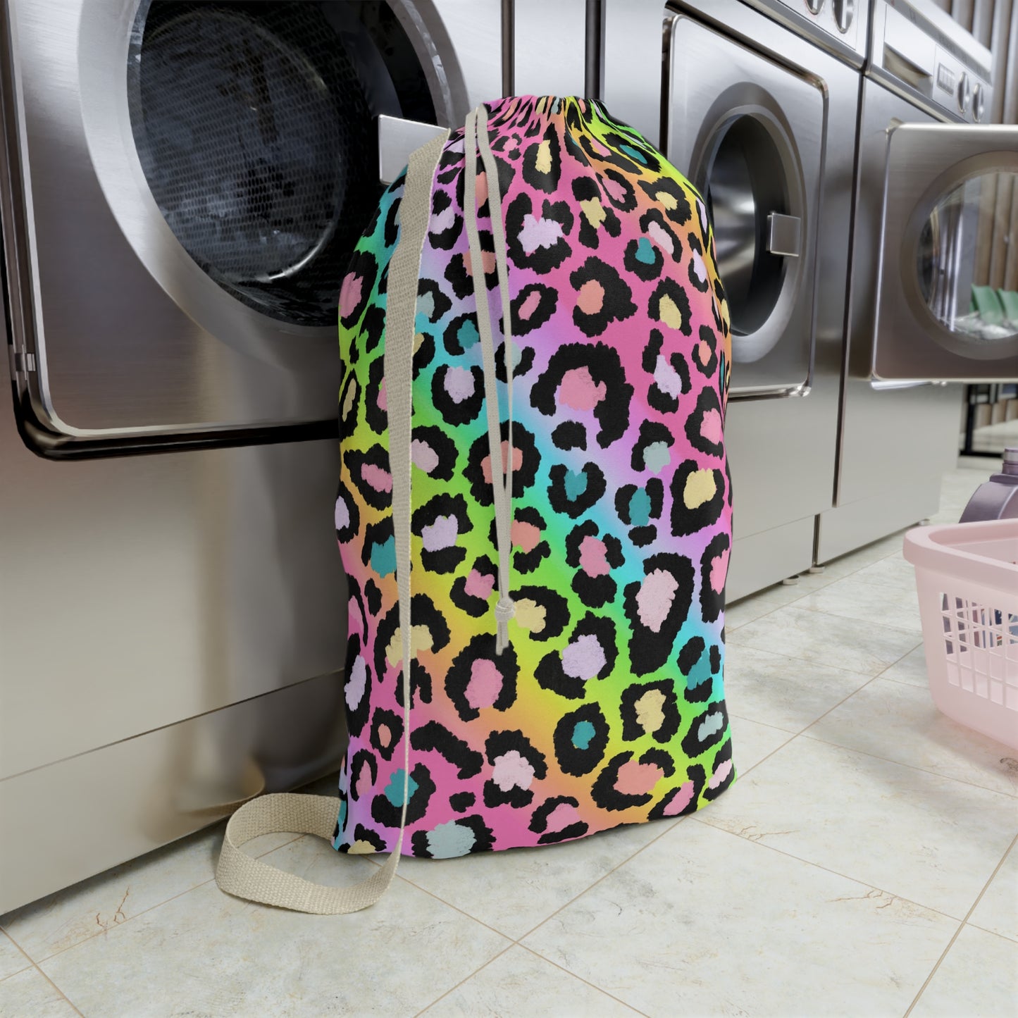 Rainbow Leopard Laundry Bag — Tie-Closure Travel & Dorm Clothes Sack