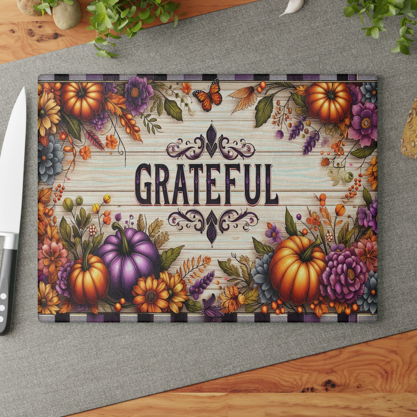 Thanksgiving Grateful Glass Cutting Board