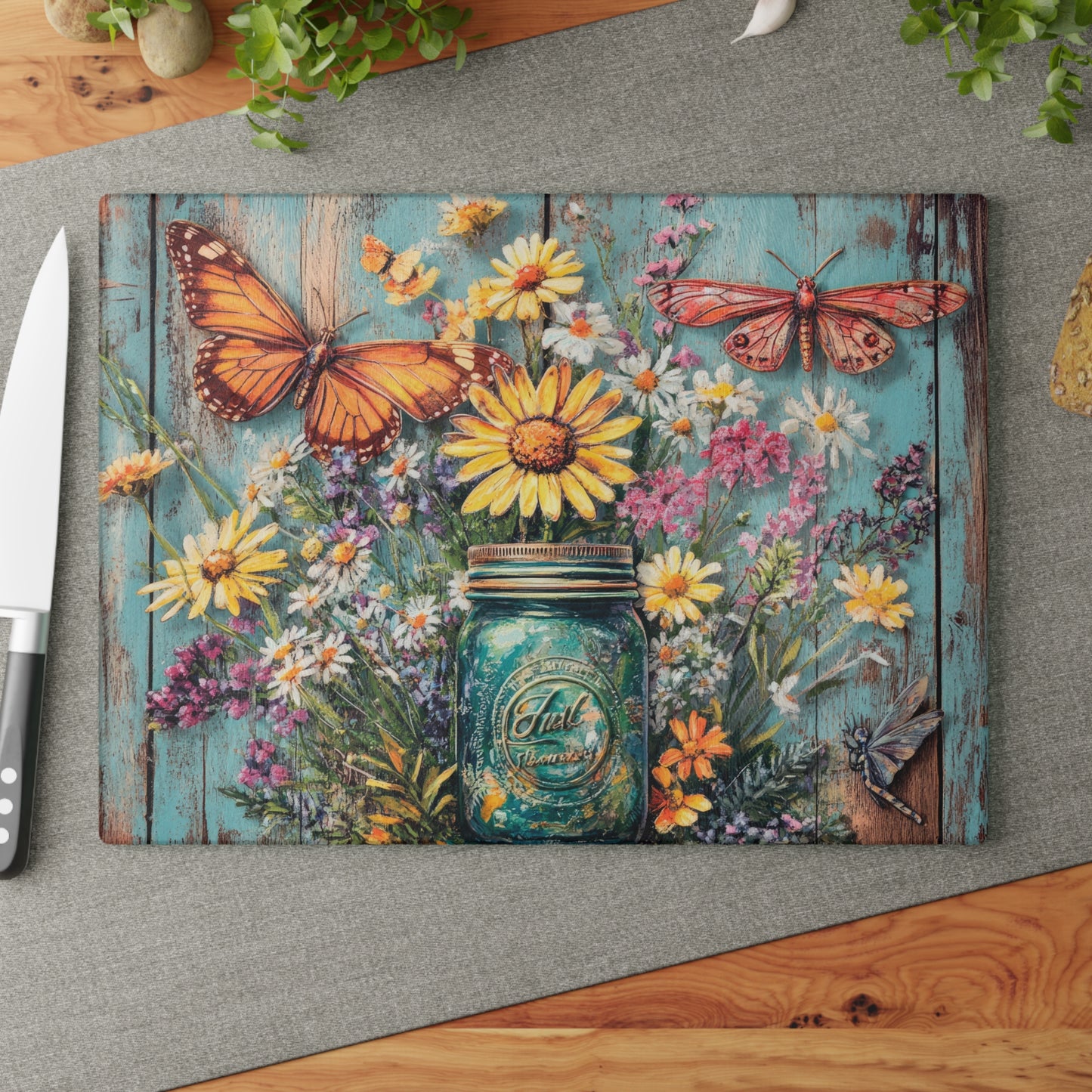 Botanical Beauty Glass Cutting Board with Butterflies and Flowers