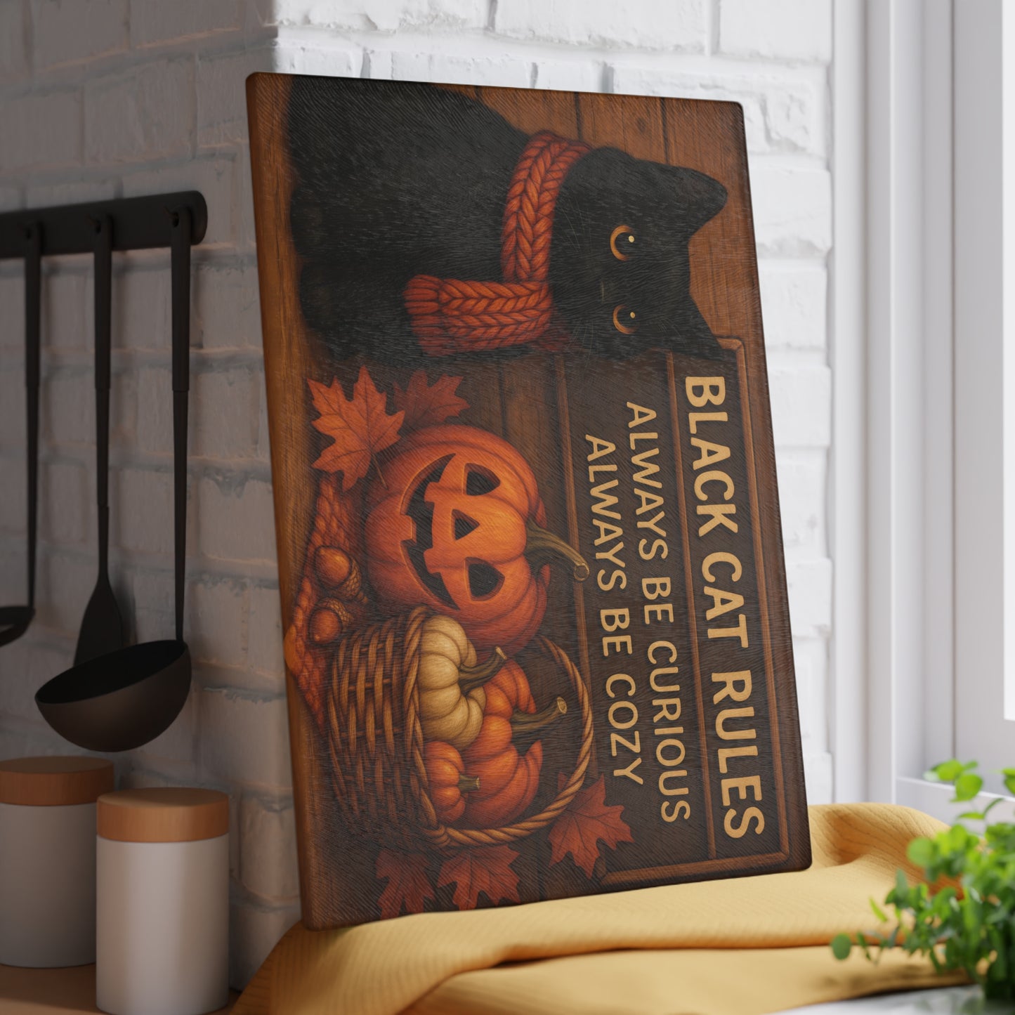 Black Cat Rules Glass Cutting Board - Always Be Curious, Always Be Cozy
