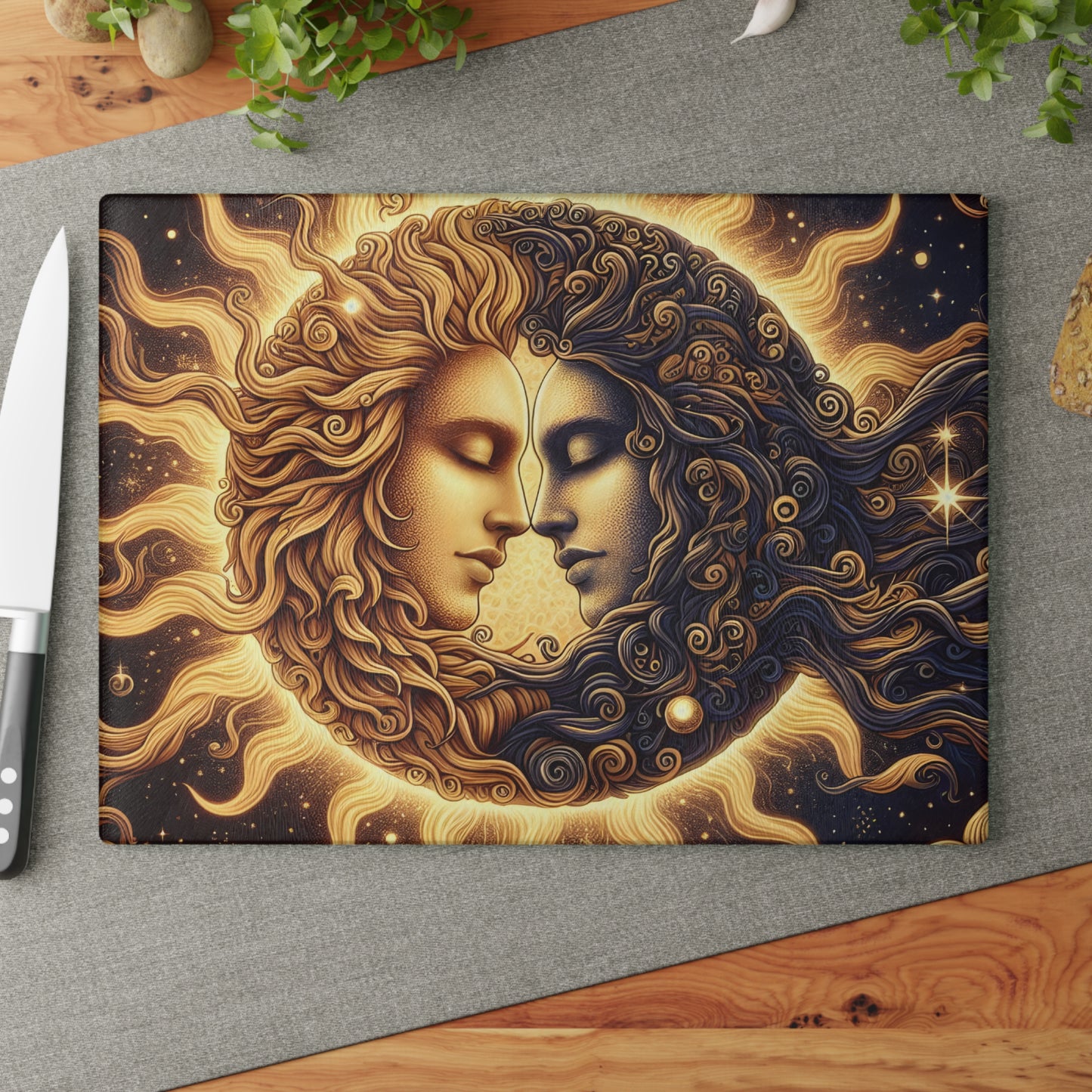 Celestial Sun & Moon Glass Cutting Board
