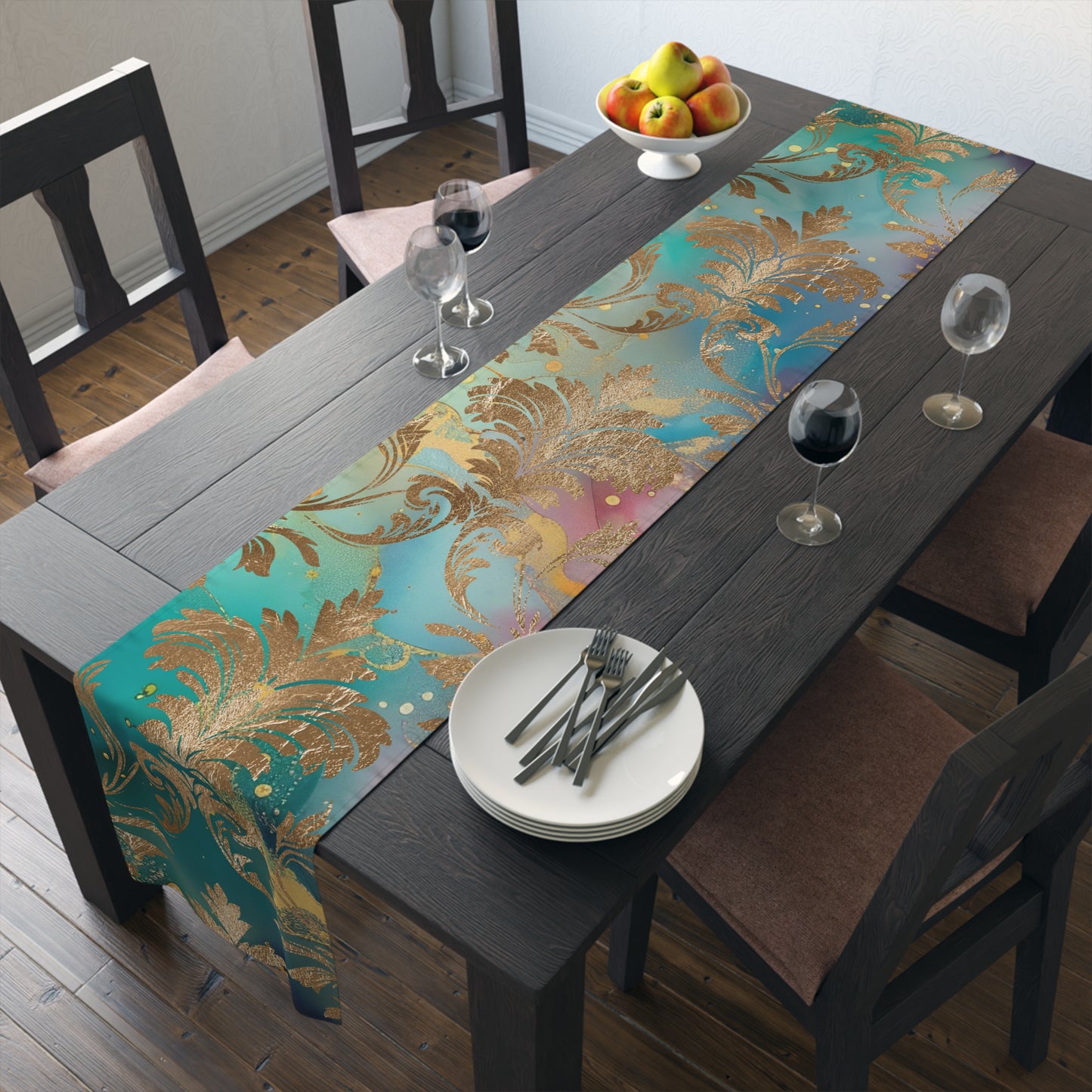 Elegant Floral Table Runner for Dining, Bohemian Home Decor, Wedding Table Decoration, Holiday Table Setting, Gold Foil Design