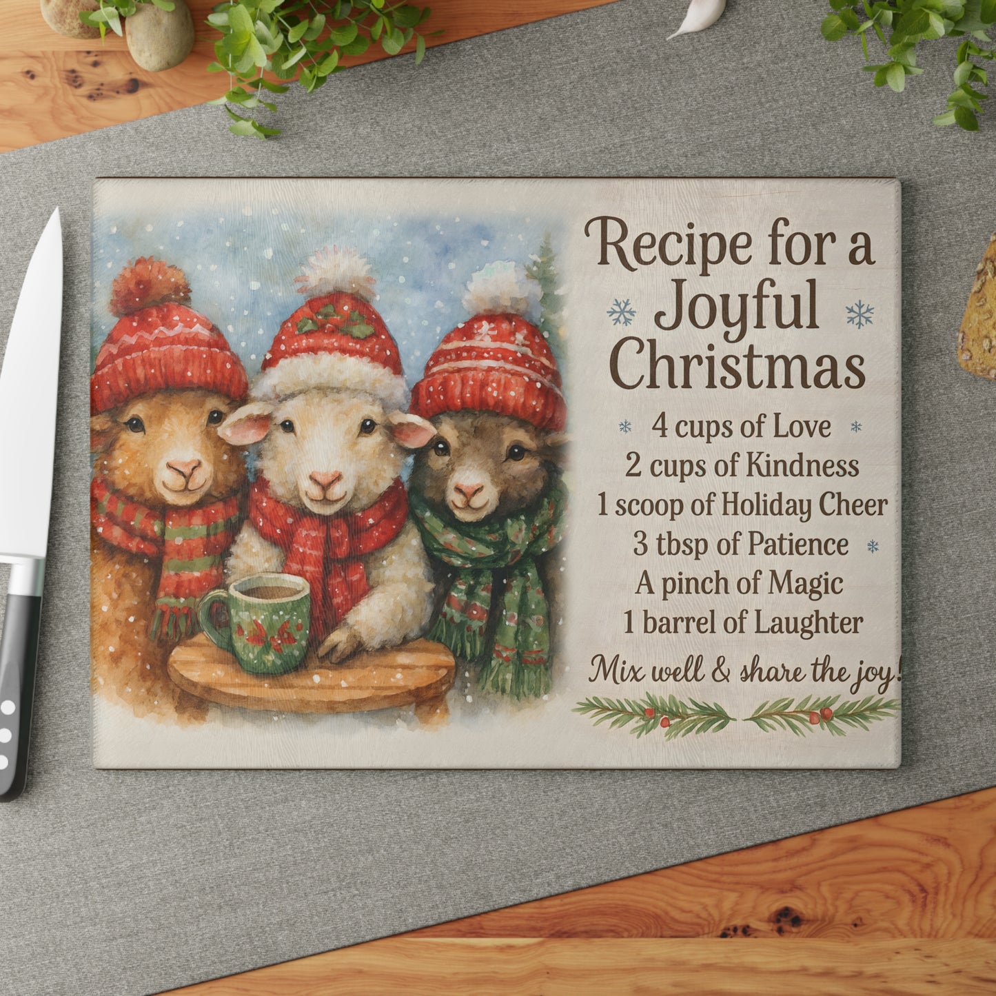 Joyful Christmas Recipe Glass Cutting Board