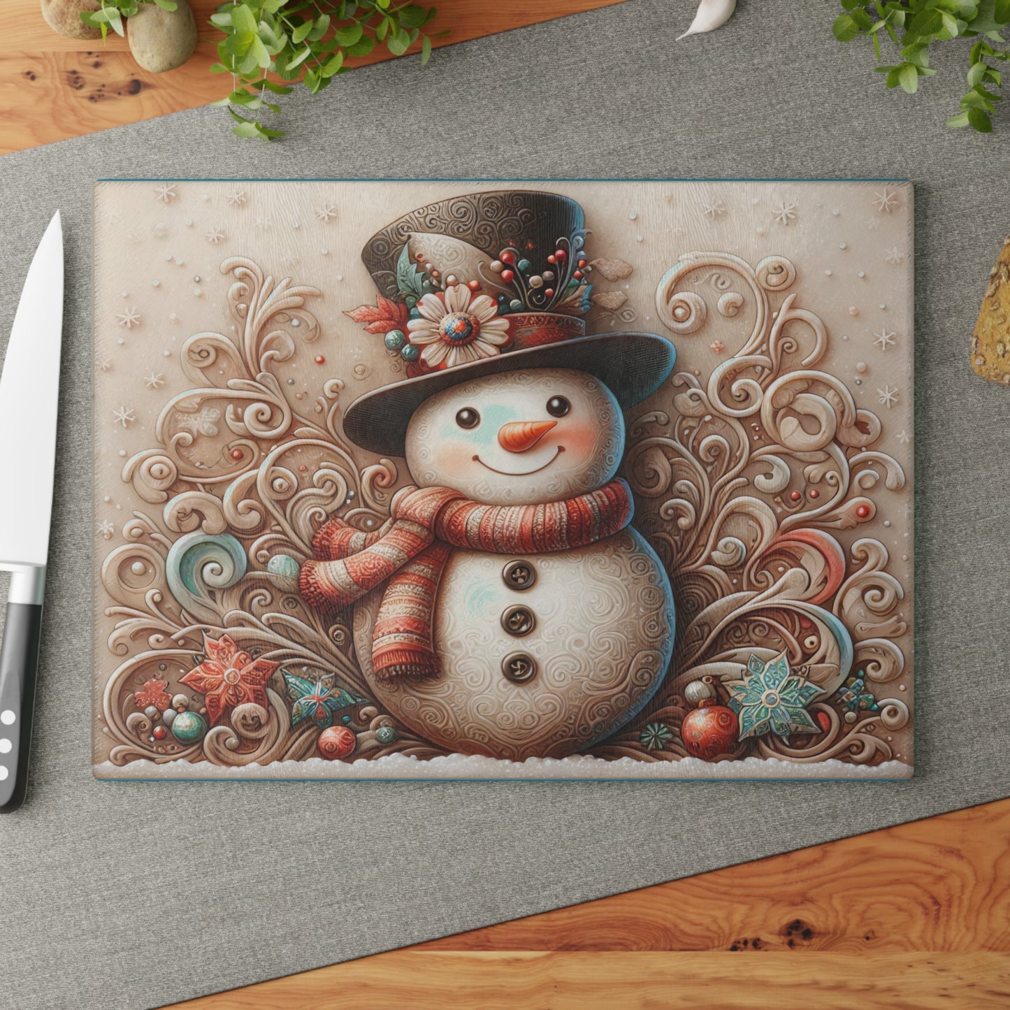 Holiday Snowman Glass Cutting Board