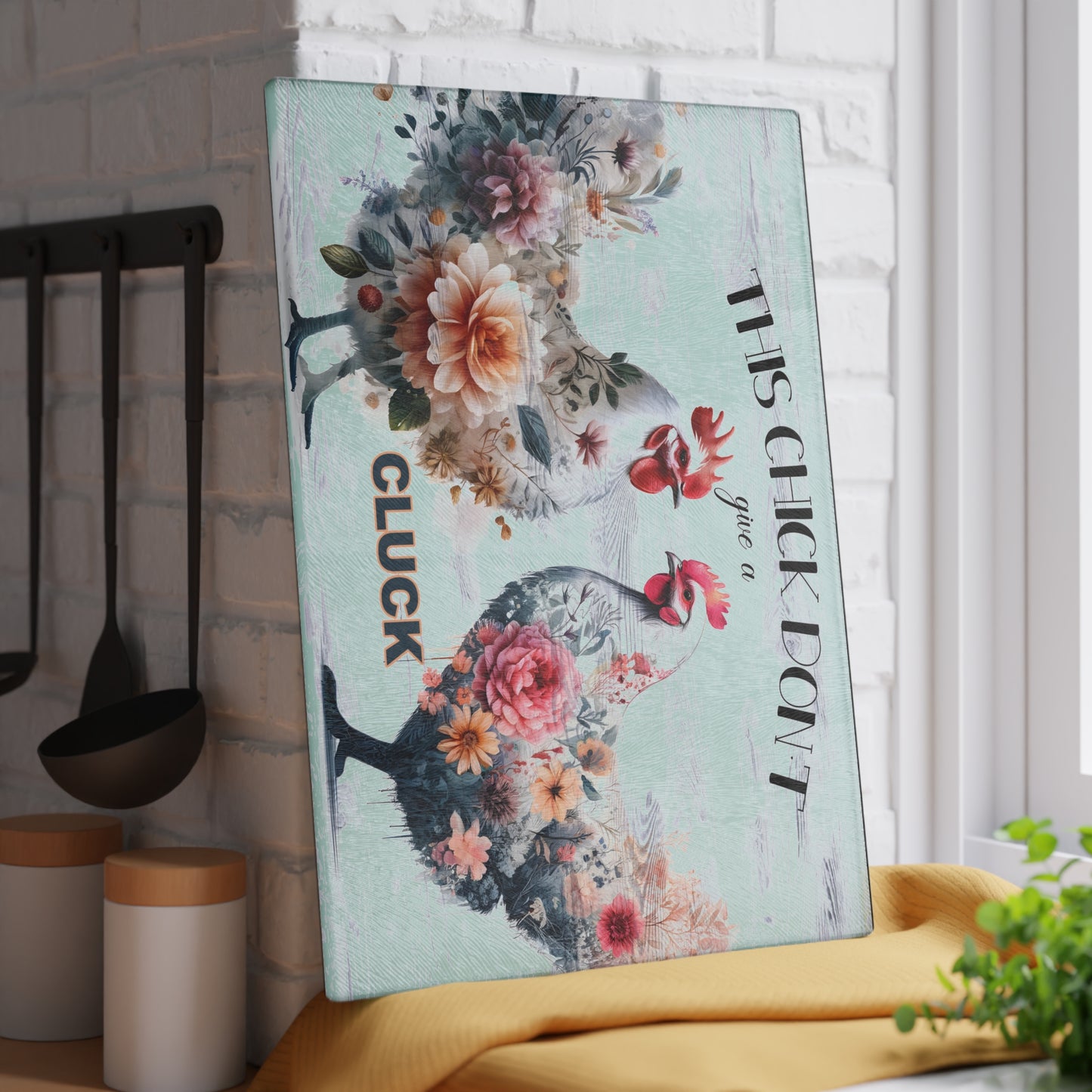 Floral Chicken Glass Cutting Board - Playful Kitchen Decor for Cooking Enthusiasts