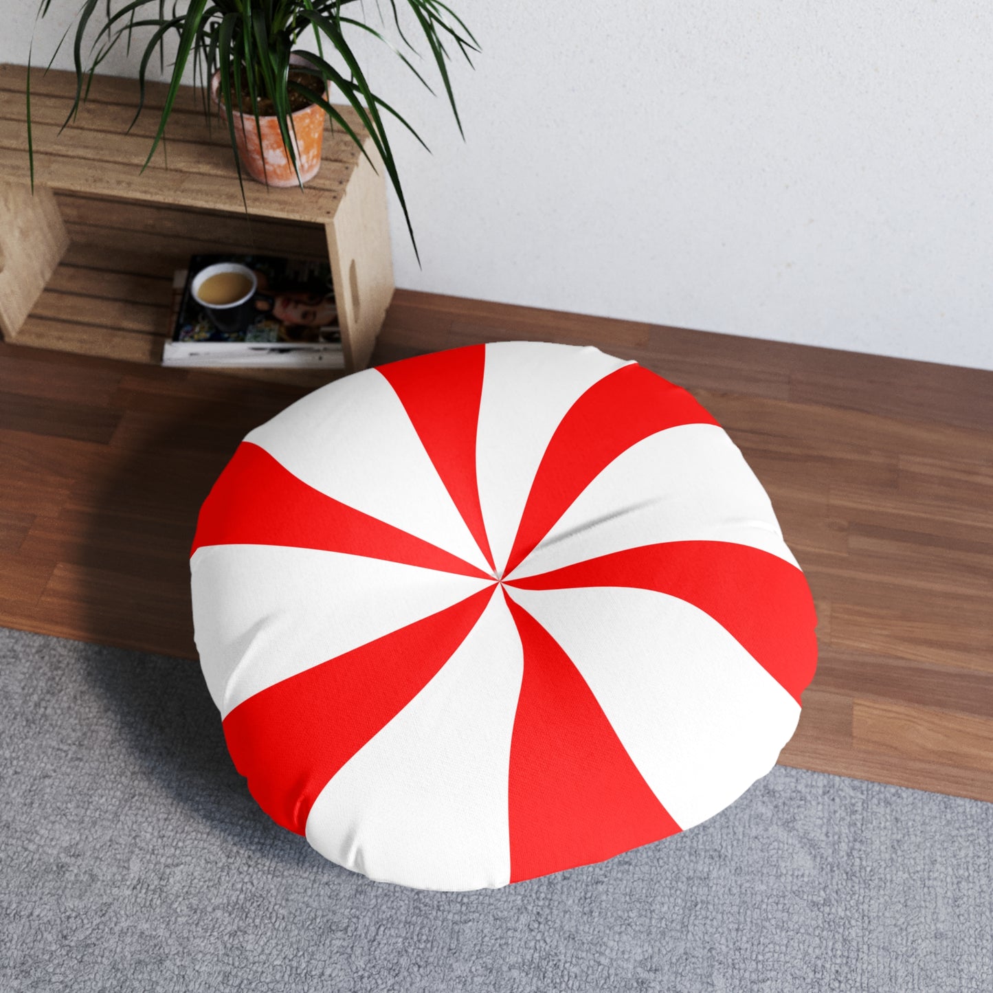 Round Tufted Floor Pillow - Candy Cane Design Holiday Christmas Home Decor