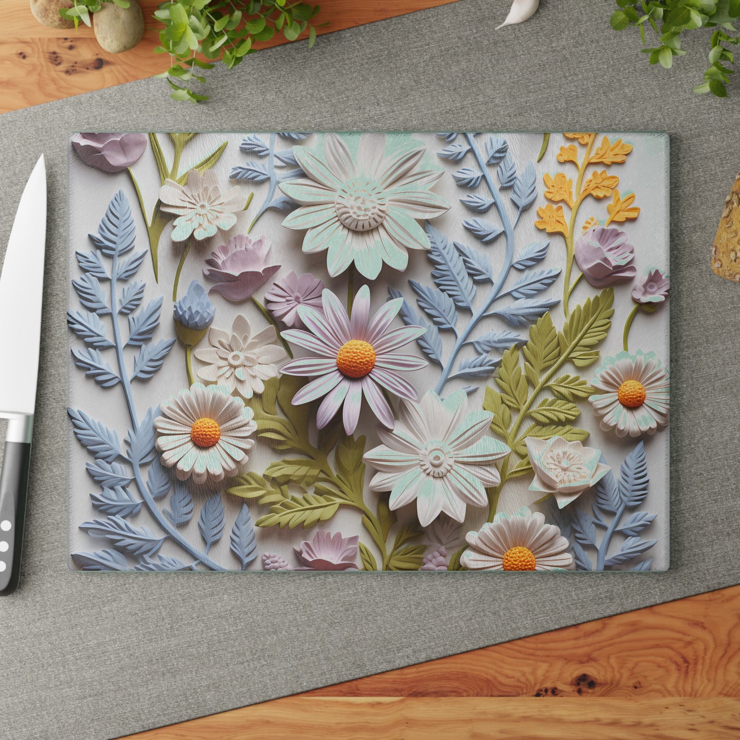 Floral Design Glass Cutting Board - Elegant Kitchen Decor for Food Prep
