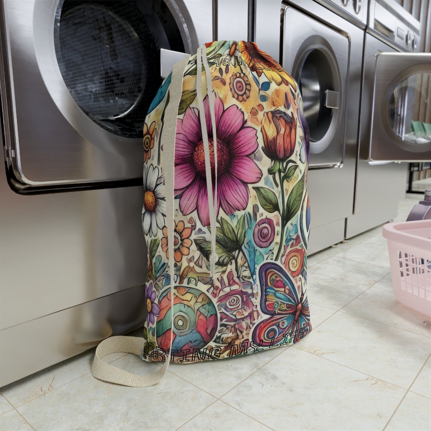 Bohemian Peace Floral "Sorting Out My Life" saying Laundry Bag — Drawstring Hippie Laundry Sack