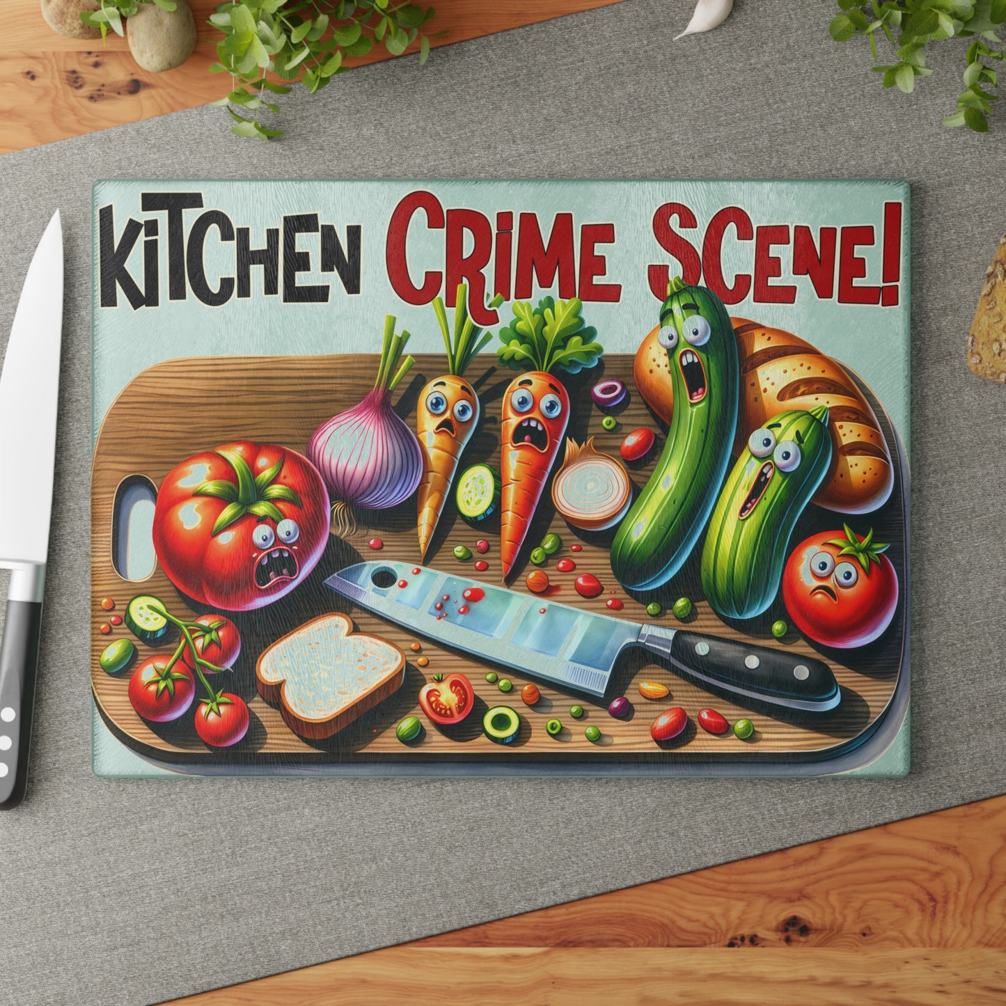 Whimsical Kitchen Crime Scene Glass Cutting Board - Chef Foodie Gift