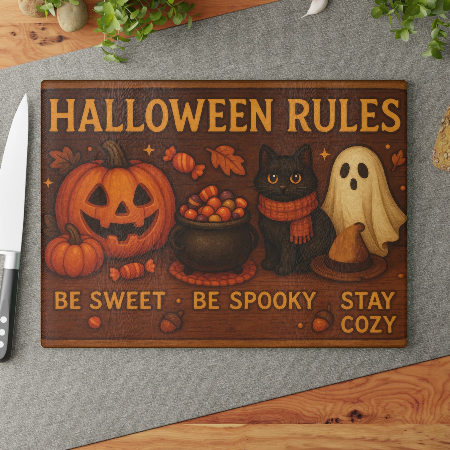 Halloween Rules Glass Cutting Board - Be Sweet, Be Spooky, Stay Cozy