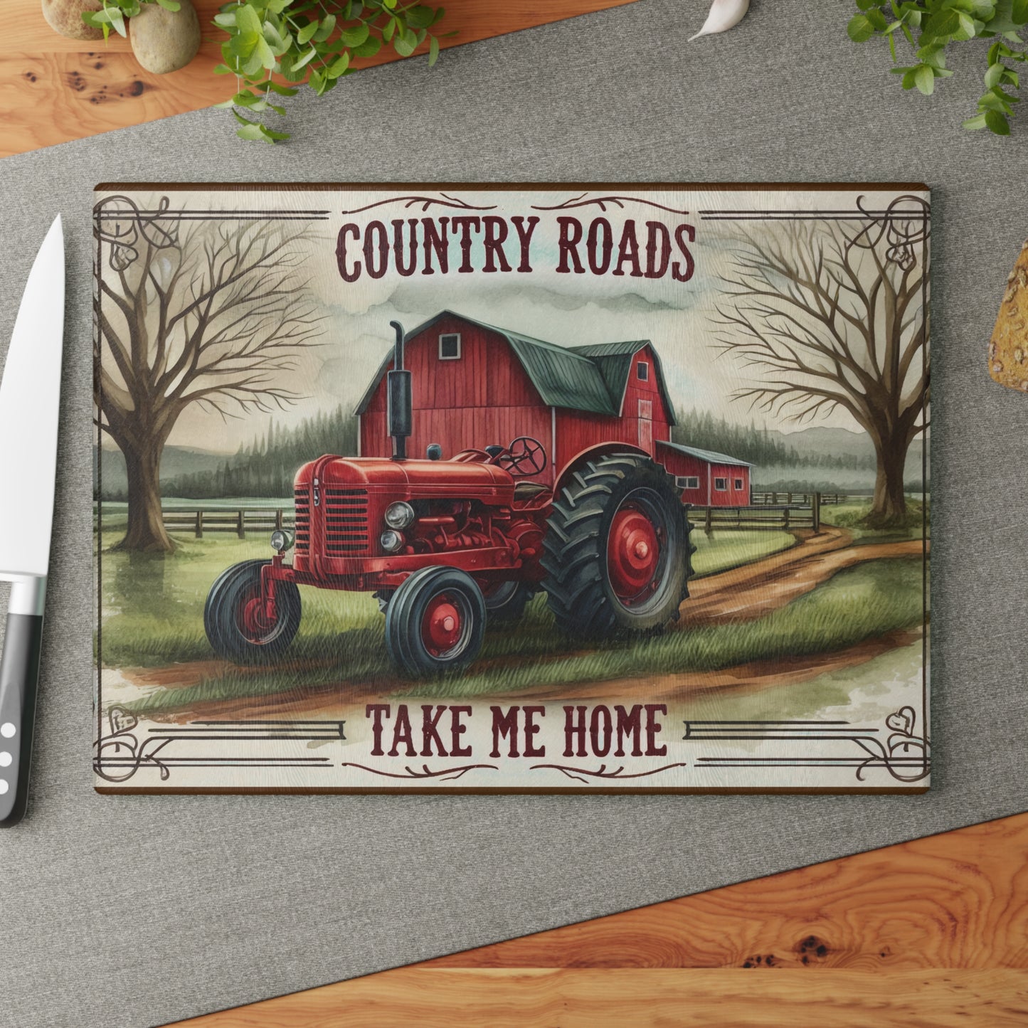Rustic Farmhouse Glass Cutting Board with "Country Roads Take Me Home" Design