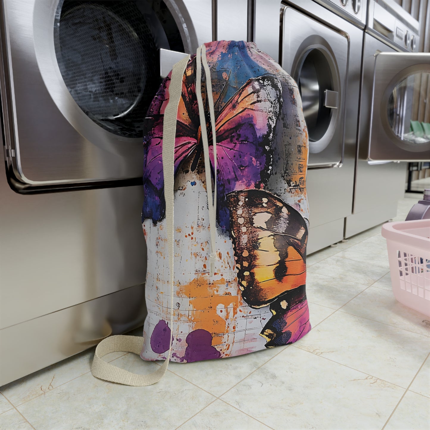 Butterfly Watercolor Laundry Bag — Colorful Drawstring Wash Bag for Travel & Dorm