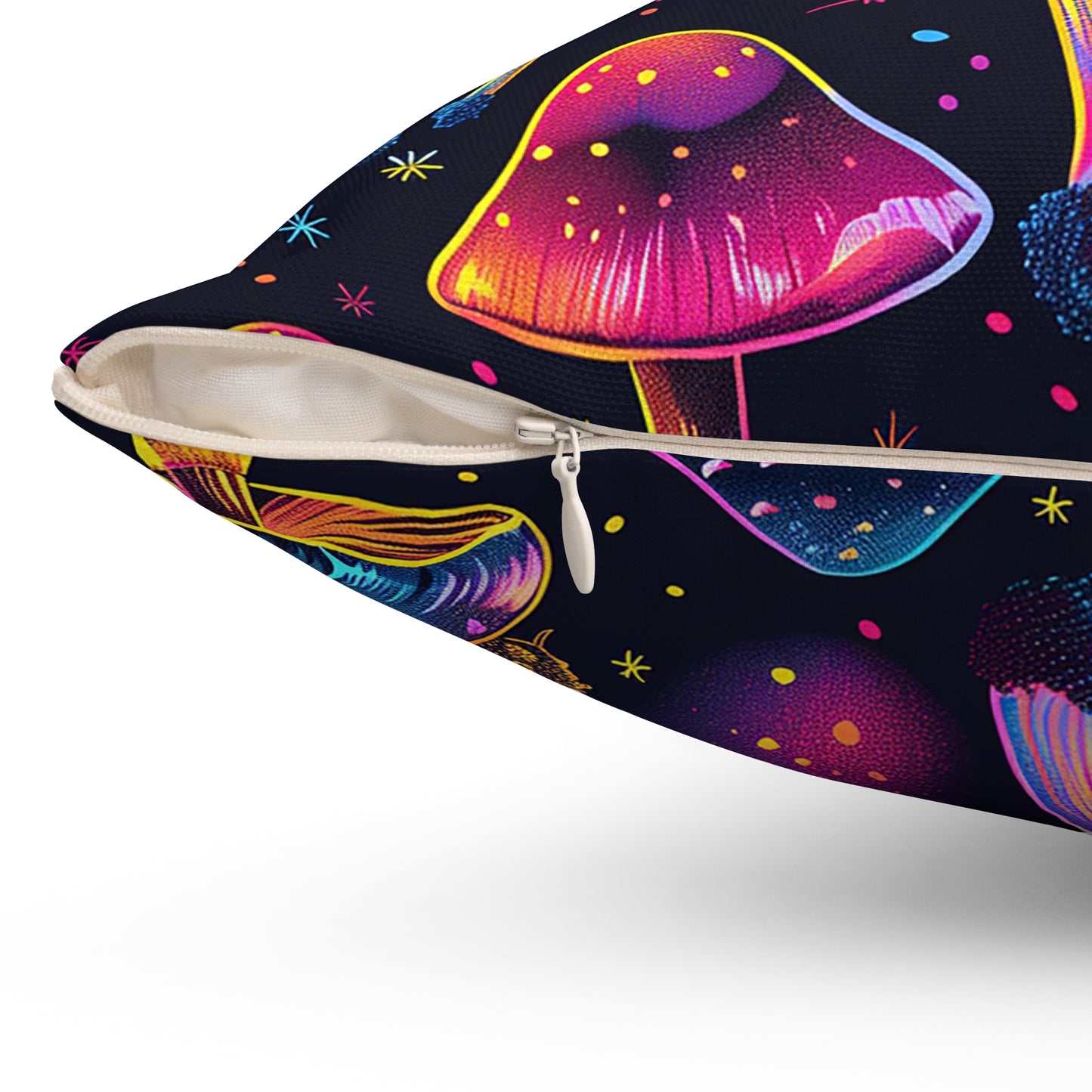 Neon Mushroom Pattern Spun Polyester Square Pillow, Stylish Neon Mushroom Decor for Home or Office, Great Gift Idea for Occasion for Anyone