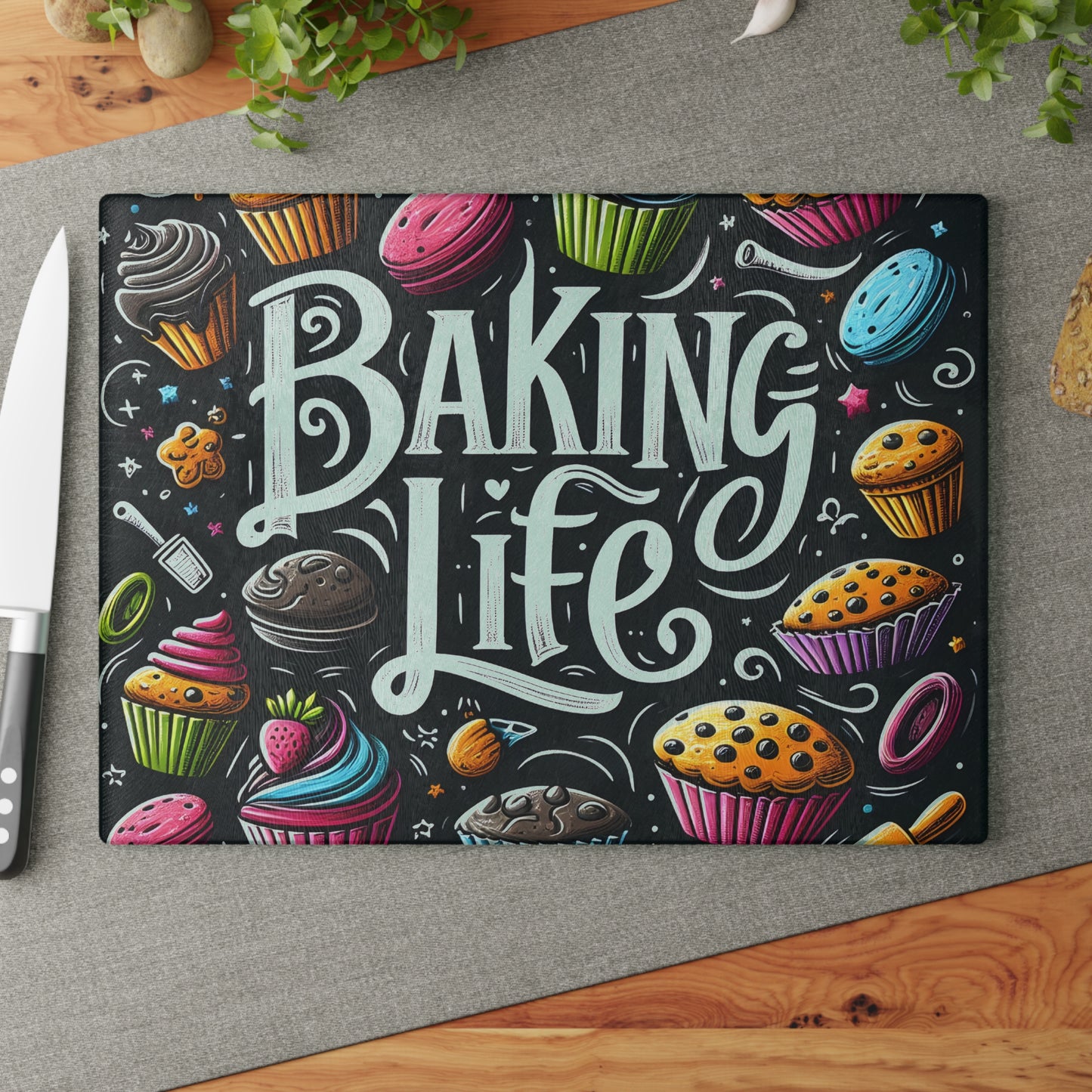 Baking Life Glass Cutting Board - Colorful Culinary Art for Baking Enthusiasts