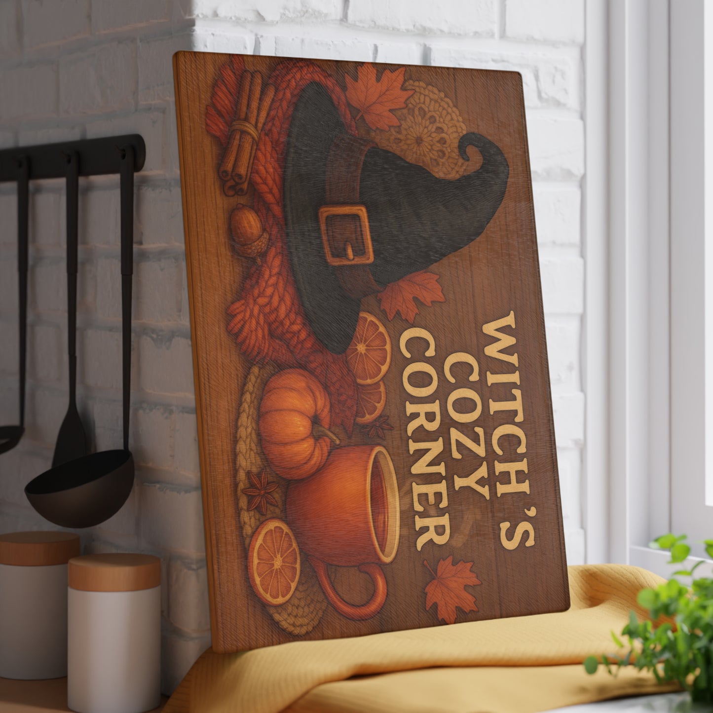 Autumn-Themed Glass Cutting Board - Witch's Cozy Corner
