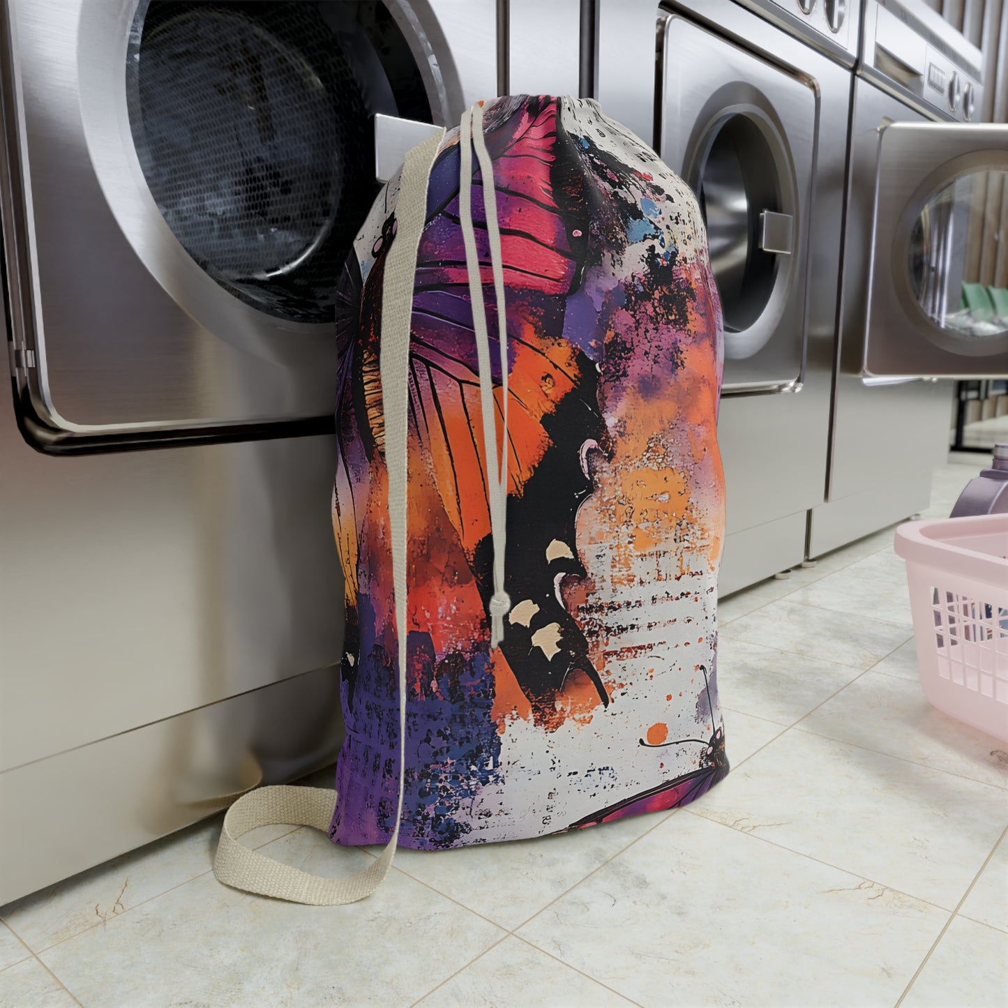 Butterfly Art Laundry Bag — Colorful Watercolor Wings Drawstring Laundry Tote