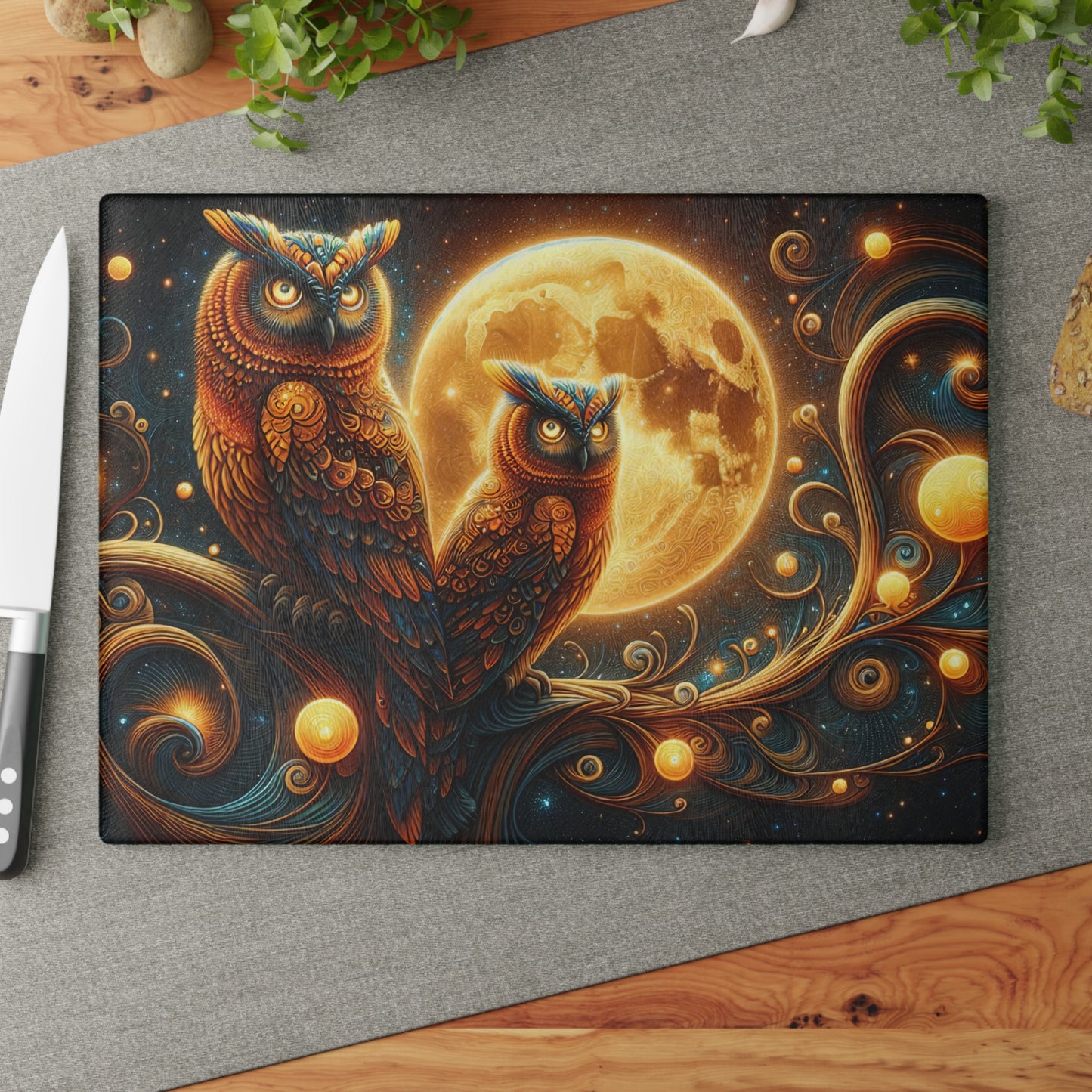 Owl Moonlit Glass Cutting Board - Artistic Kitchen Decor