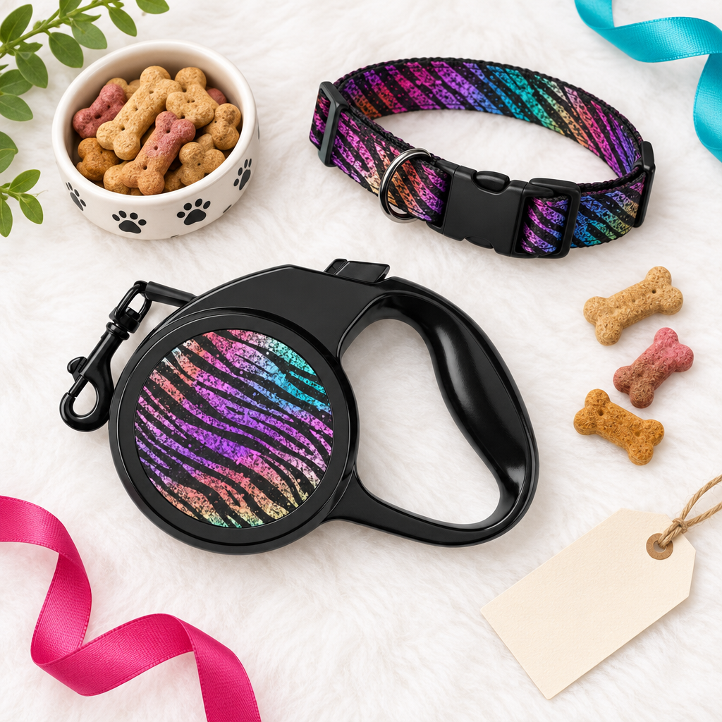 Rainbow Zebra Print retractable leash in a gift flat lay with a collar and treats