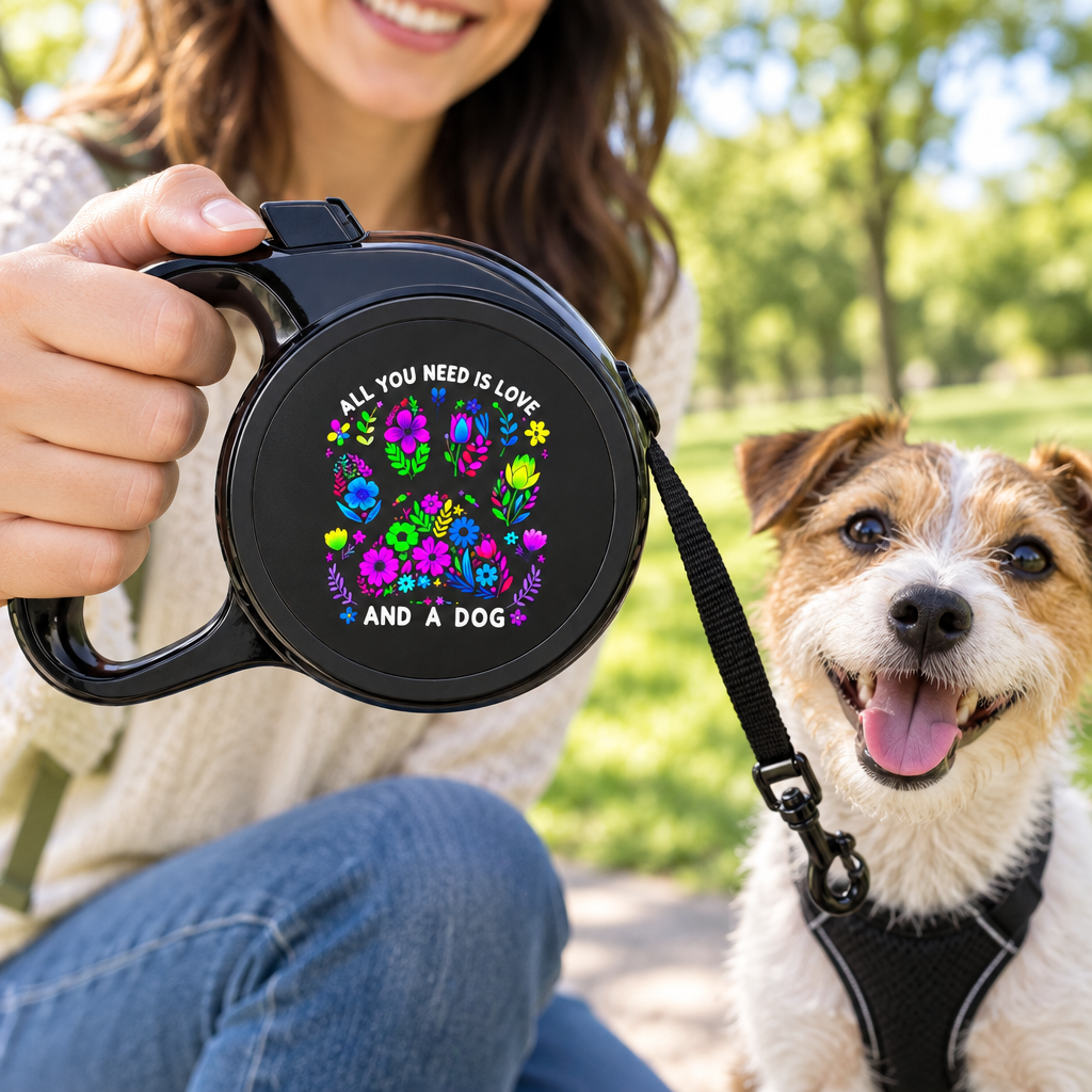 Close lifestyle view of the All You Need Is Love and a Dog retractable leash with the full floral-heart wording visible beside a dog on a park walk