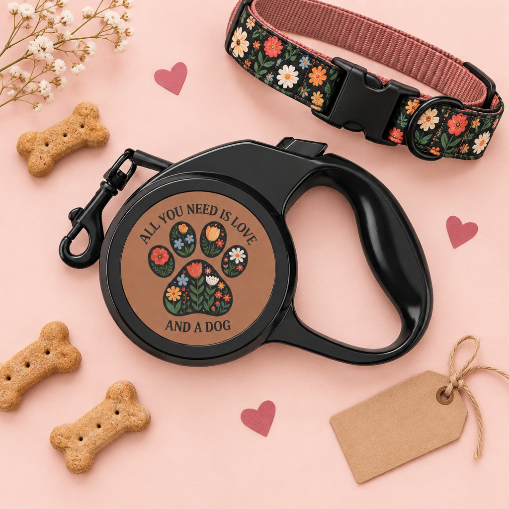 All You Need Is Love retractable leash in a gift flat lay with a collar, treats, and hearts