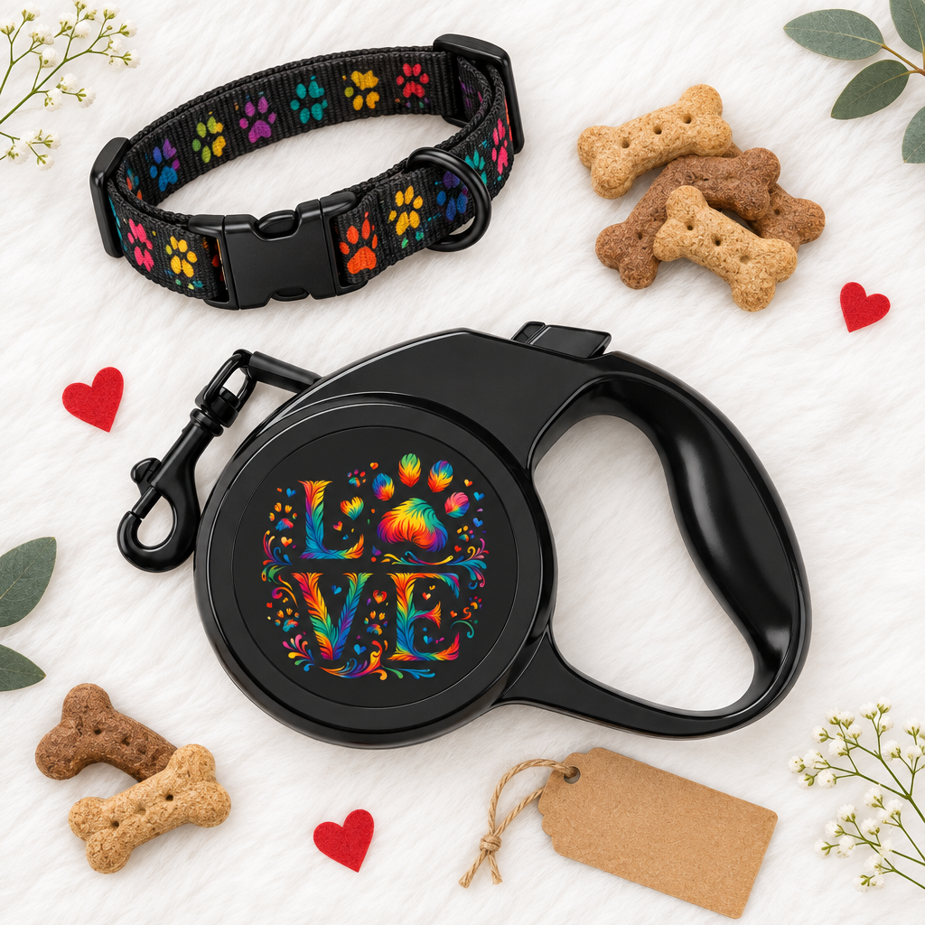 LOVE Rainbow Paw Print retractable leash in a gift flat lay with a collar and treats