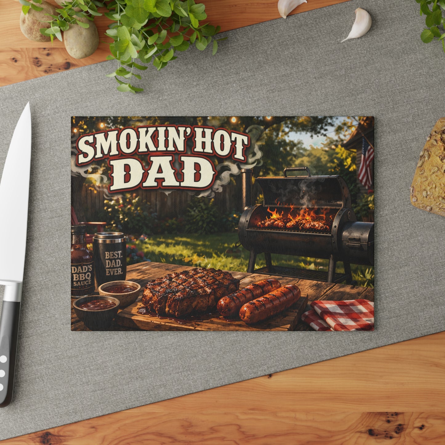 Smokin' Hot Dad Glass Cutting Board – BBQ Grilling Father's Day Gift