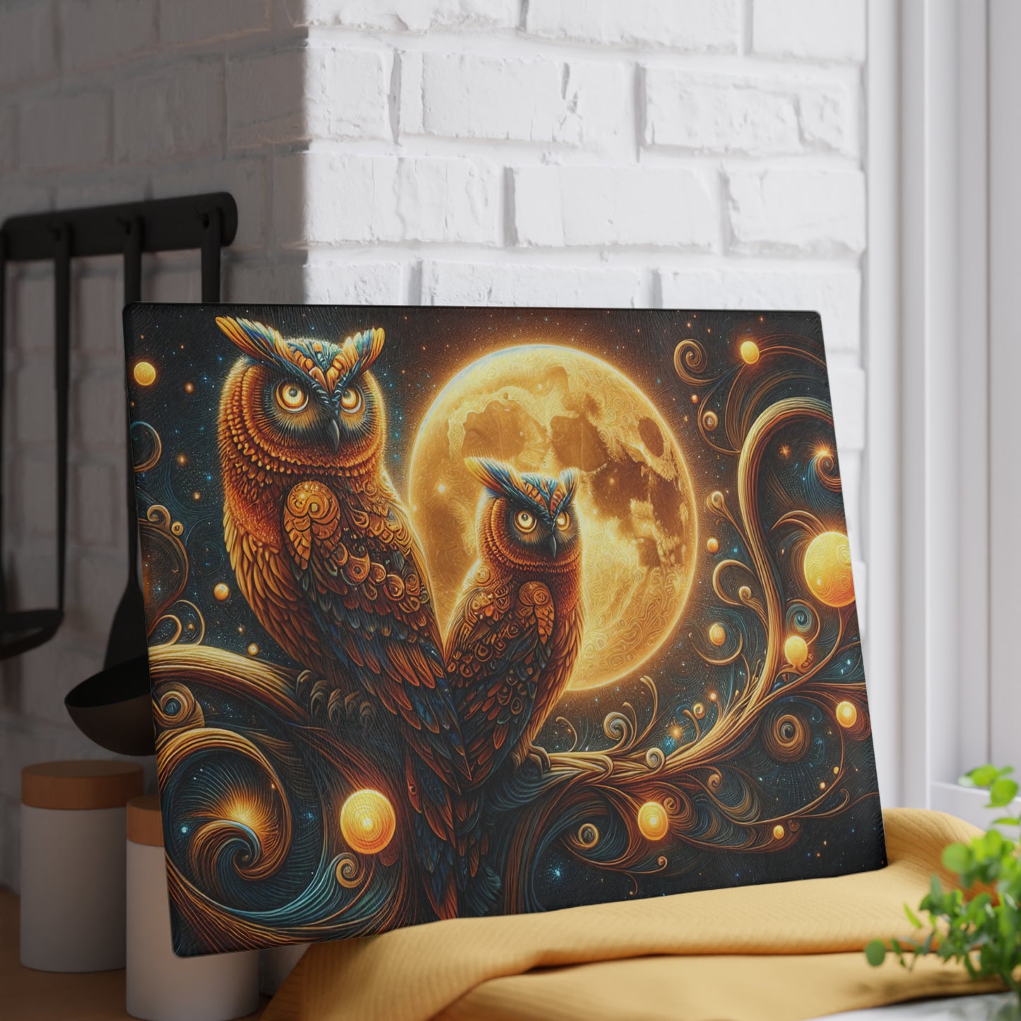 Owl Moonlit Glass Cutting Board - Artistic Kitchen Decor