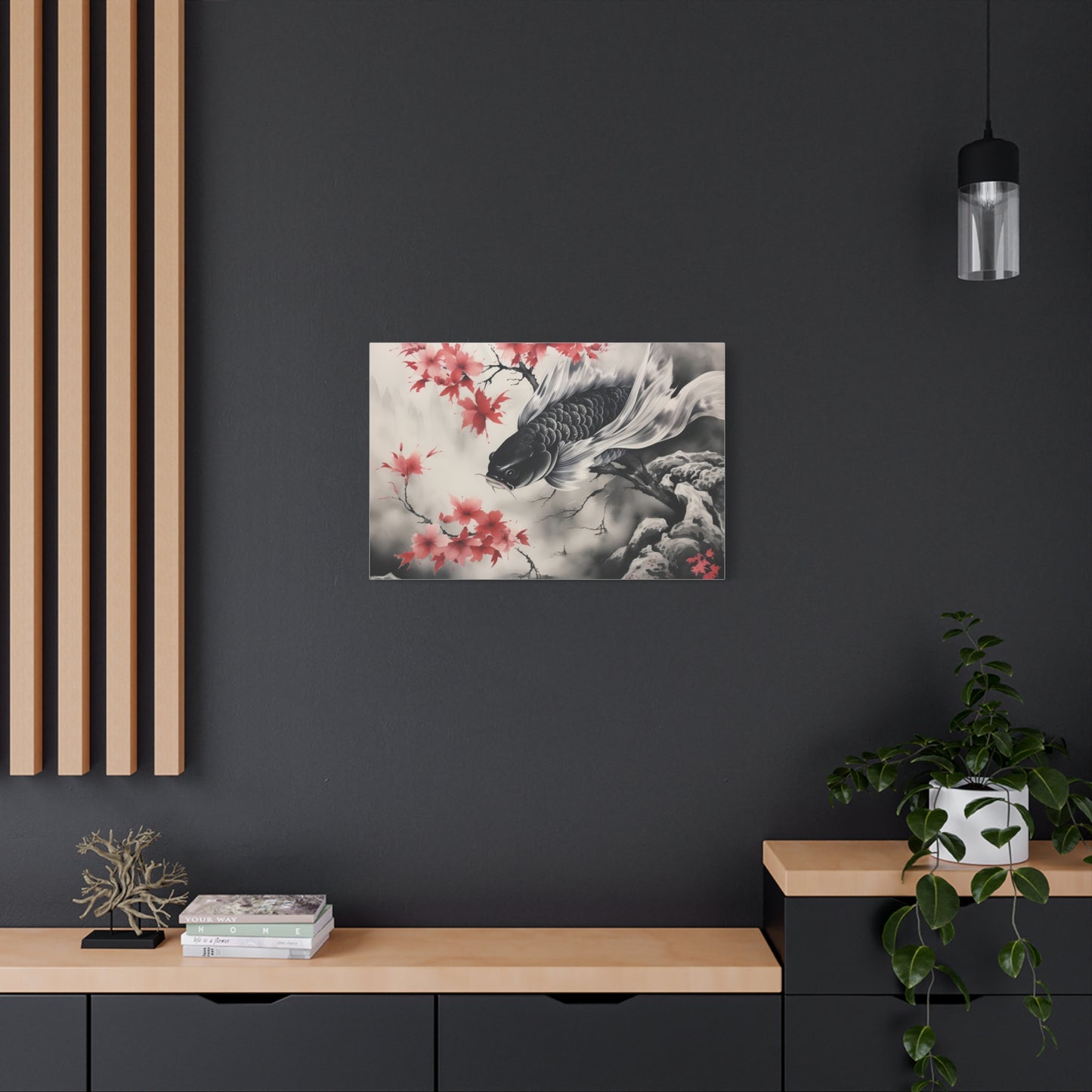 Koi Fish Artwork Canvas Wall Art Print - Elegant Decorative Wall Art with Cherry Blossoms