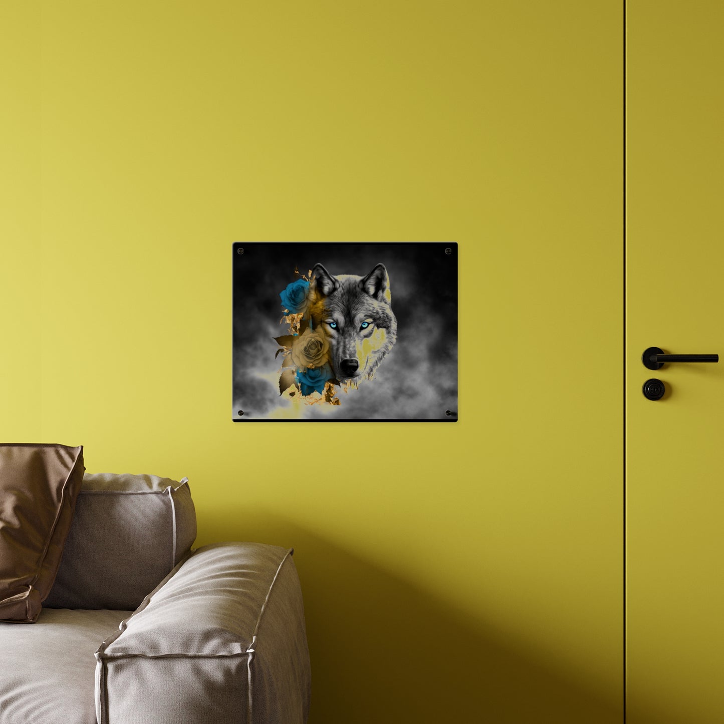 Lively Wolf Acrylic Wall Art Panel - Blue Roses Decor