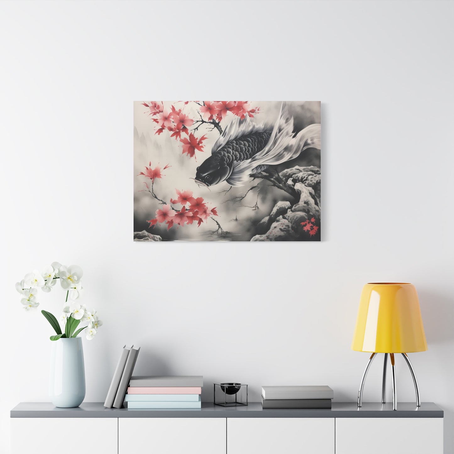 Koi Fish Artwork Canvas Wall Art Print - Elegant Decorative Wall Art with Cherry Blossoms