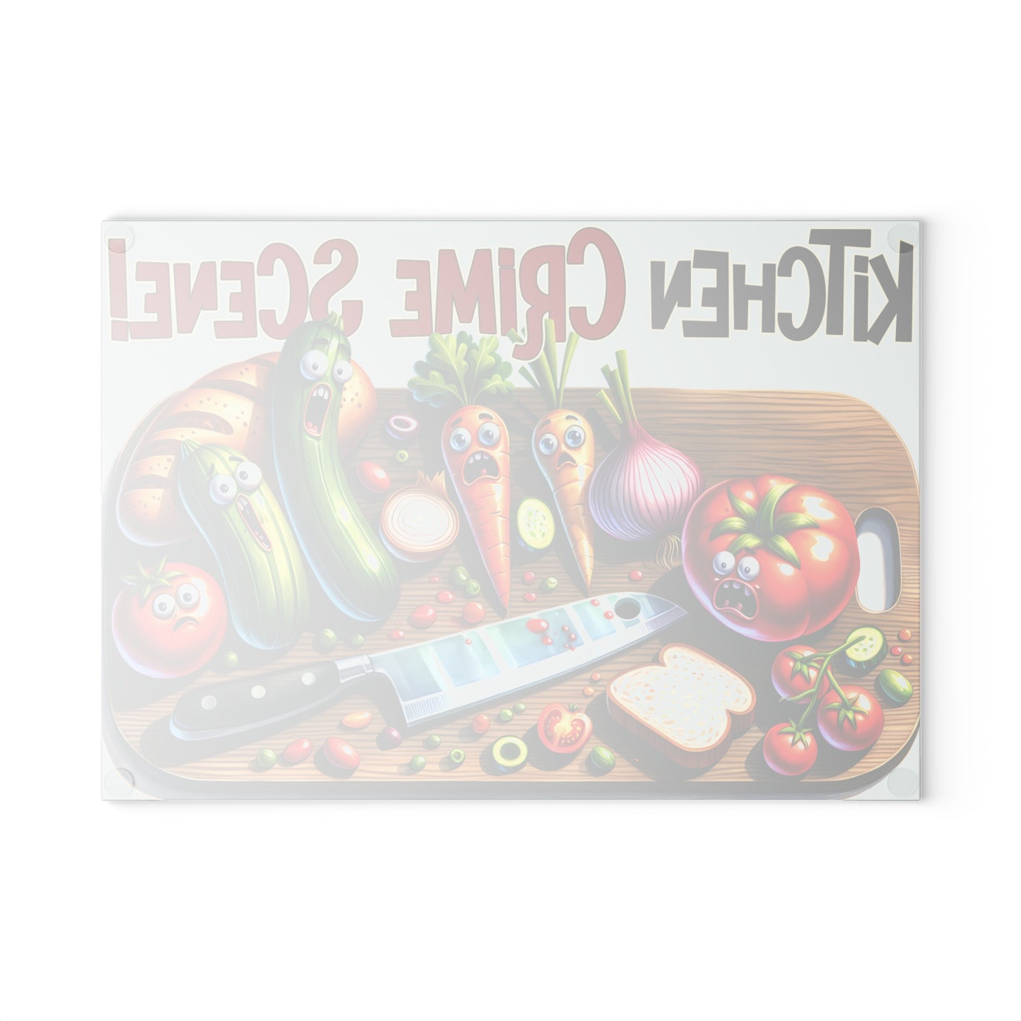 Whimsical Kitchen Crime Scene Glass Cutting Board - Chef Foodie Gift