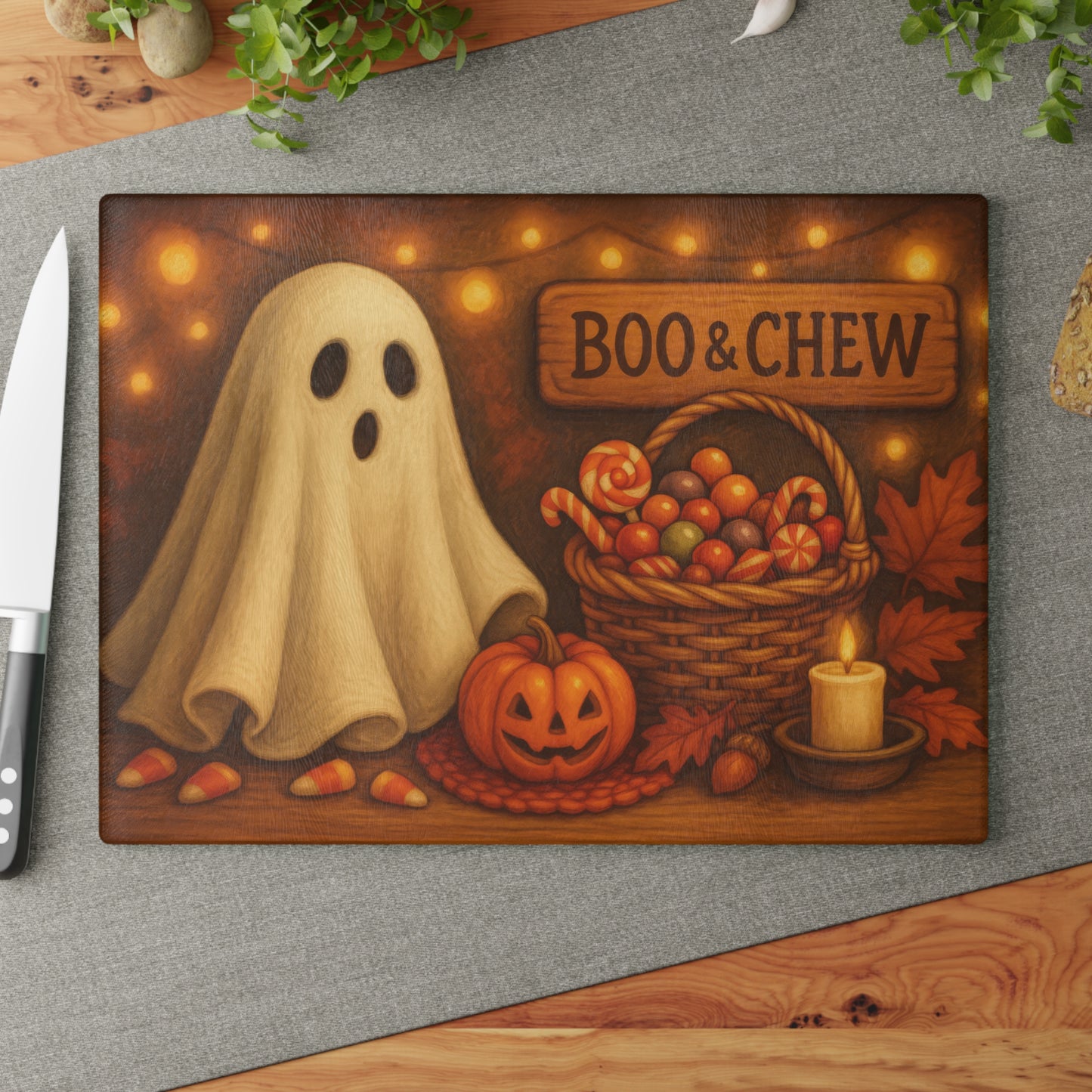 Halloween Themed Glass Cutting Board with 'Boo & Chew' Design