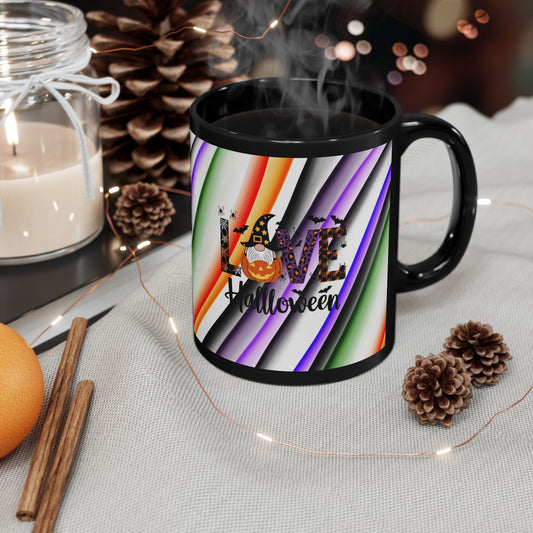 Halloween Theme with Gnome Black Mug (11oz, 15oz) Halloween Lovers, Coffee, Tea, Hot Chocolate lovers, Great Gift Idea for Any Occasion for Anyone