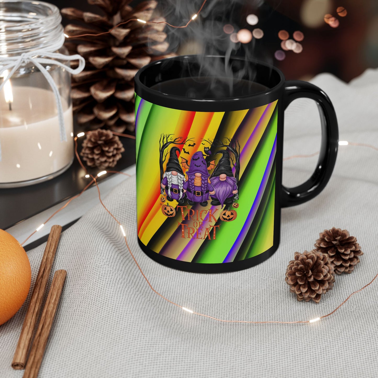 Halloween Theme Black Mug (11oz, 15oz), Cute Halloween Expression with Gnomes, Halloween Lovers, Gnome Lovers, Coffee, Tea, Hot Chocolate Lovers Gift Idea