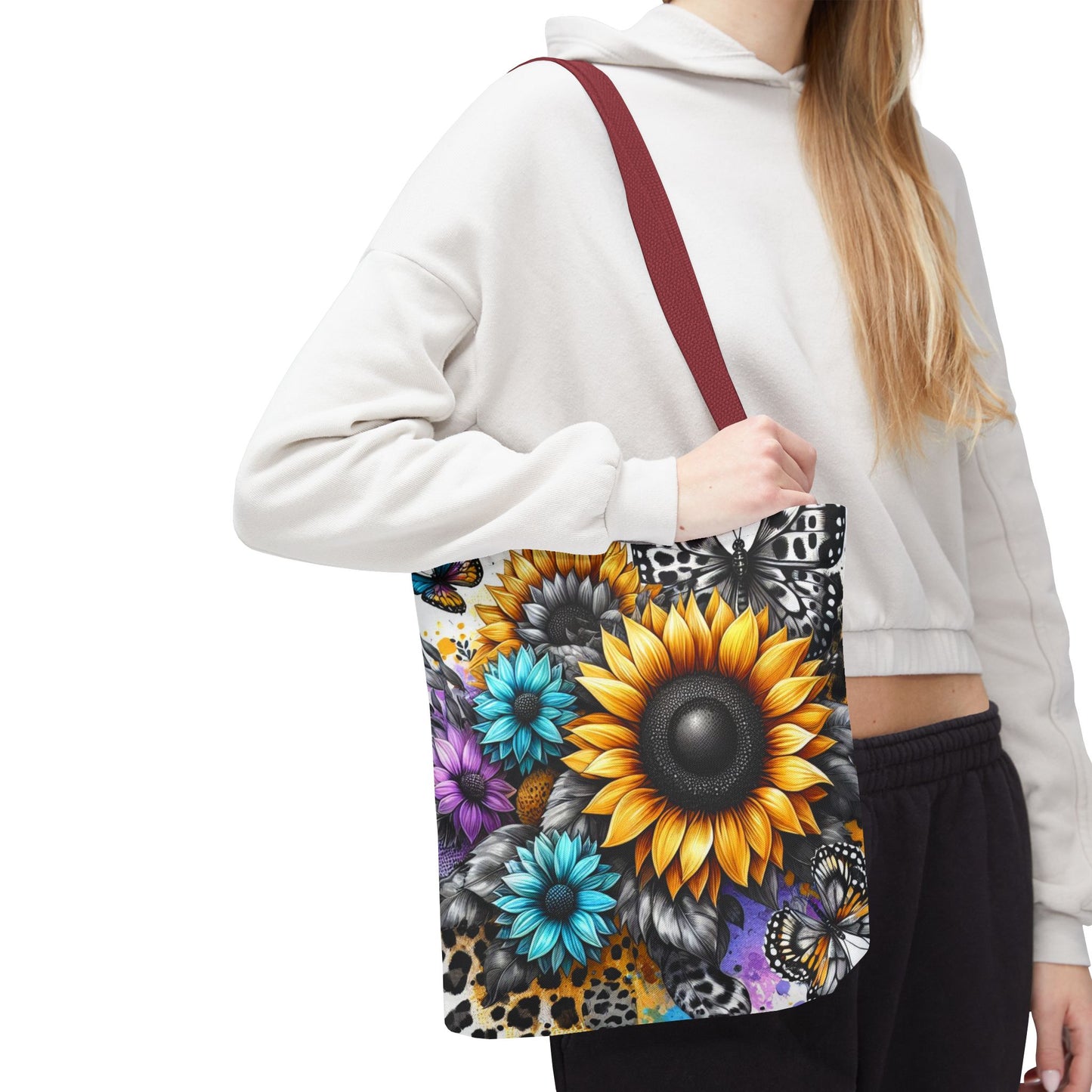 Sunflower & Butterfly Tote Bag — Colorful Floral All-Over Print