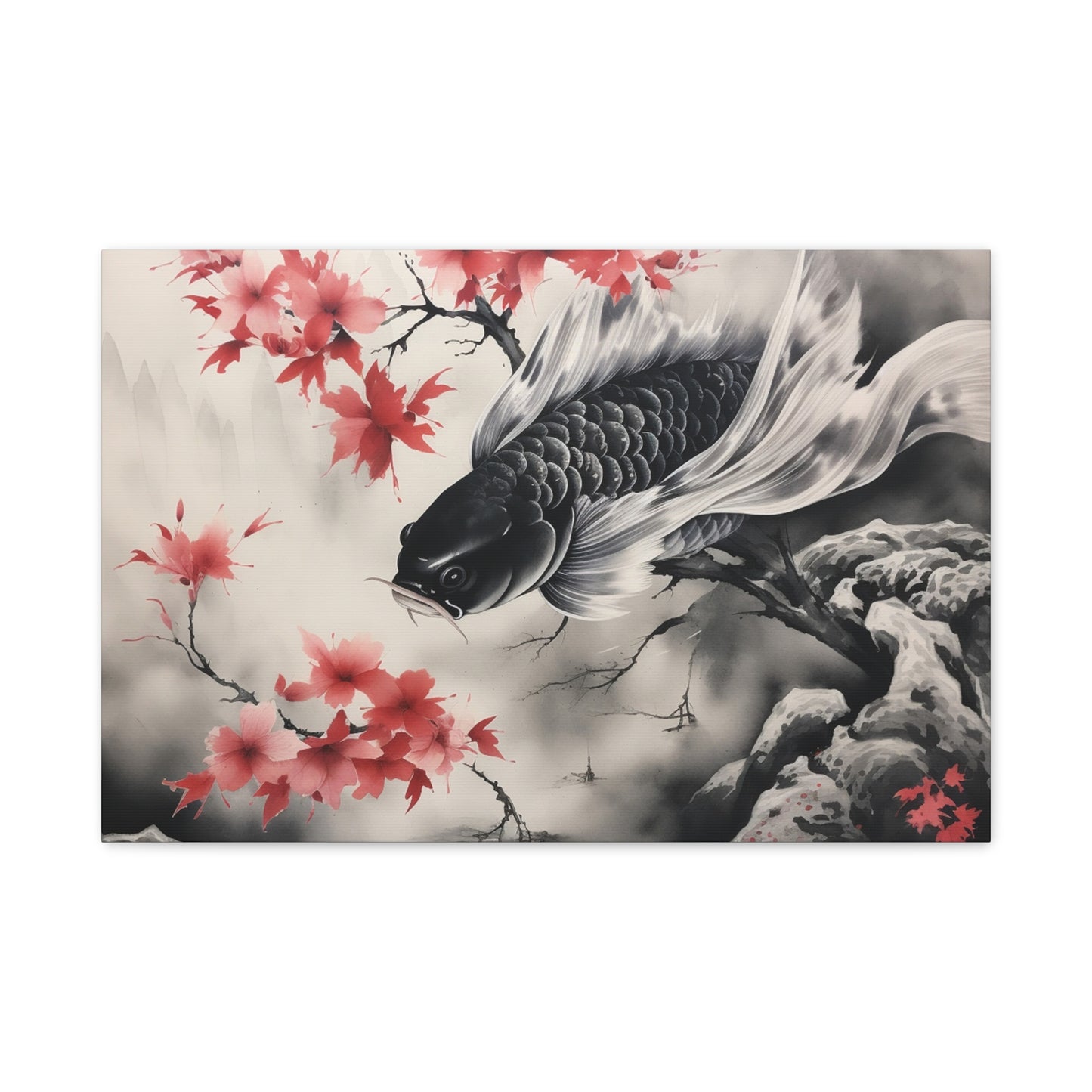 Koi Fish Artwork Canvas Wall Art Print - Elegant Decorative Wall Art with Cherry Blossoms
