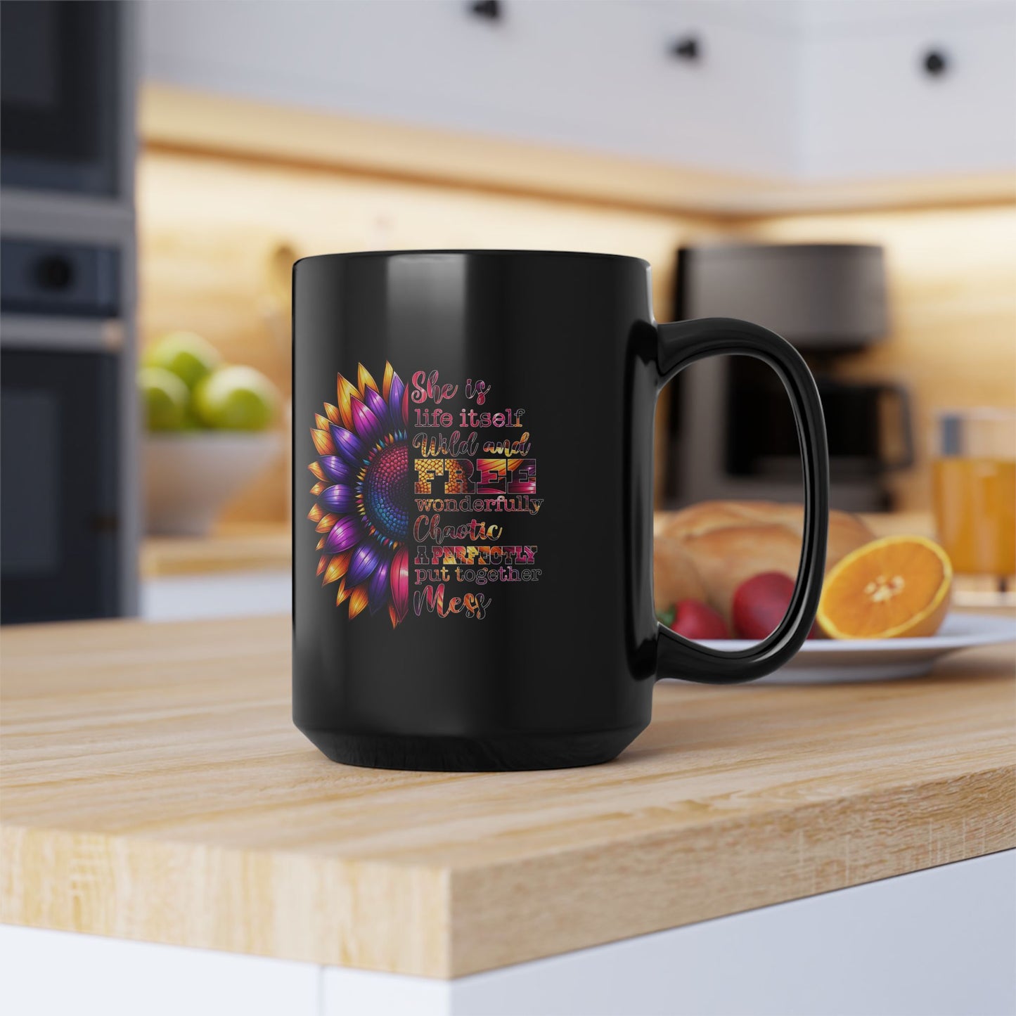 Inspirational Black Mug with Colorful Flower Design - Perfect Gift for Women