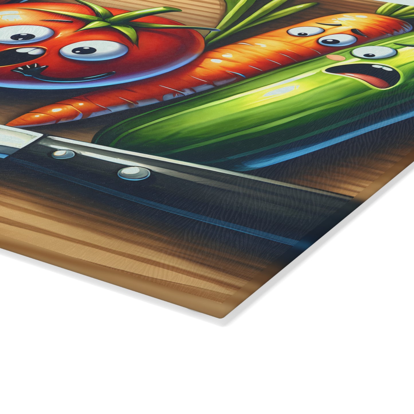 Funny Crime Scene Glass Cutting Board - Cartoon Veggies Design