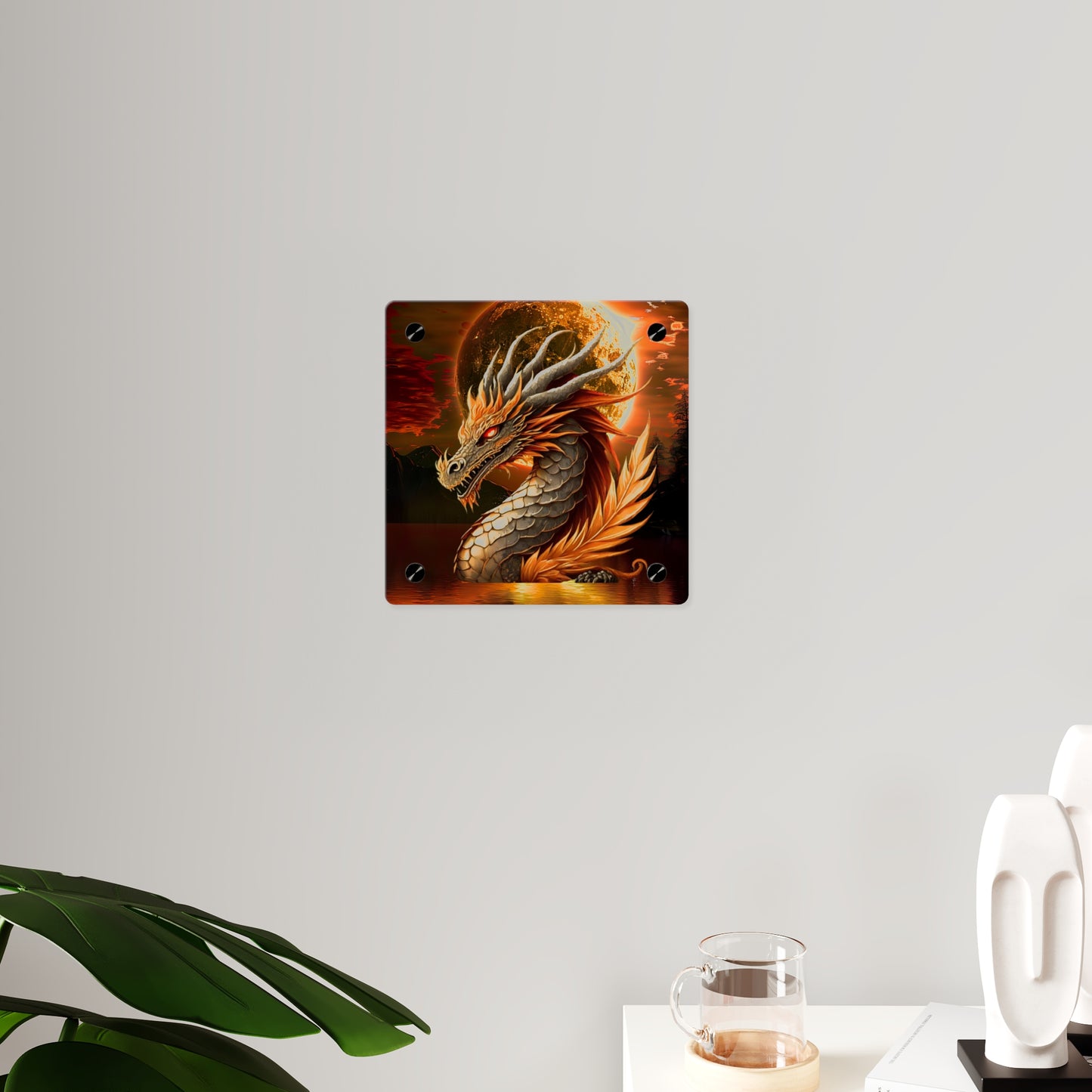 Gothic Theme Acrylic Wall Art Panels, Beautiful Dragon with Moon Background Decor, Accent for Any Room, Dragon Lovers, for Anyone