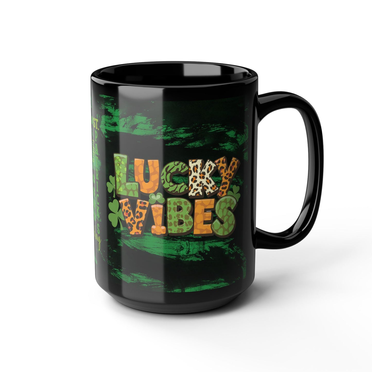 Lucky Vibes Black Mug — St. Patrick’s Day Leopard Print Shamrock Coffee Cup (11oz/15oz)