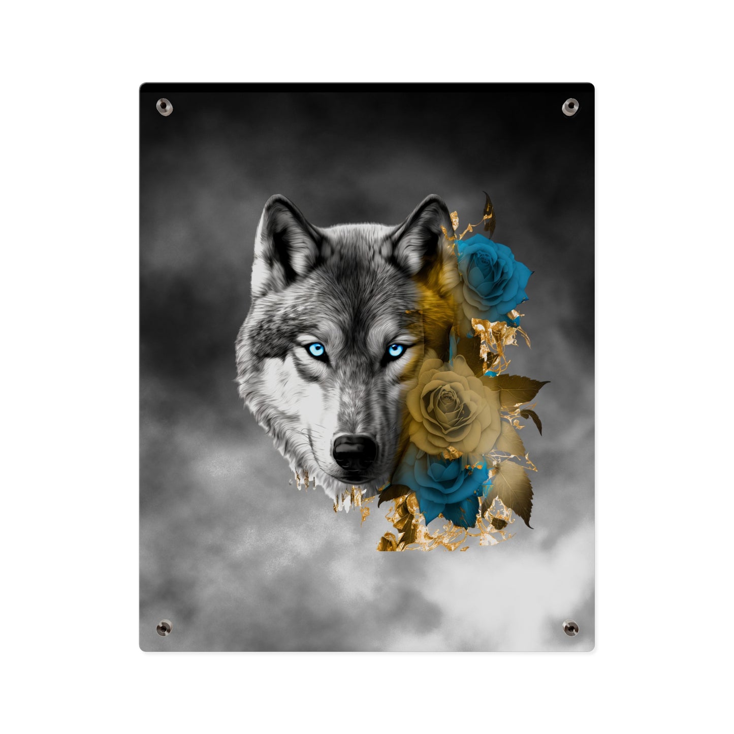 Lively Wolf Acrylic Wall Art Panel - Blue Roses Decor