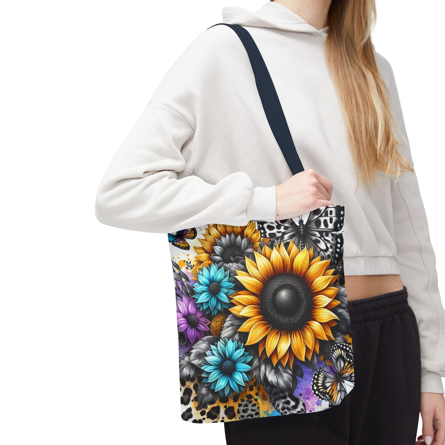 Sunflower & Butterfly Tote Bag — Colorful Floral All-Over Print