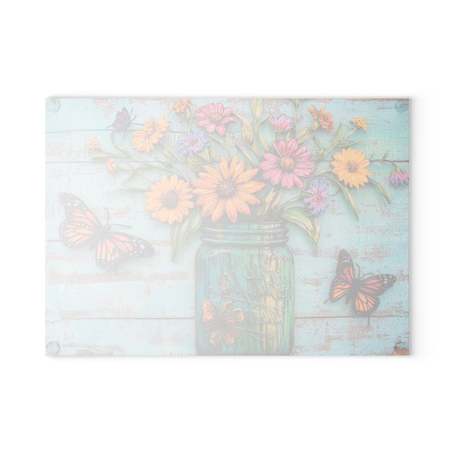 Mason Jar Floral with Butterflies Glass Cutting Board