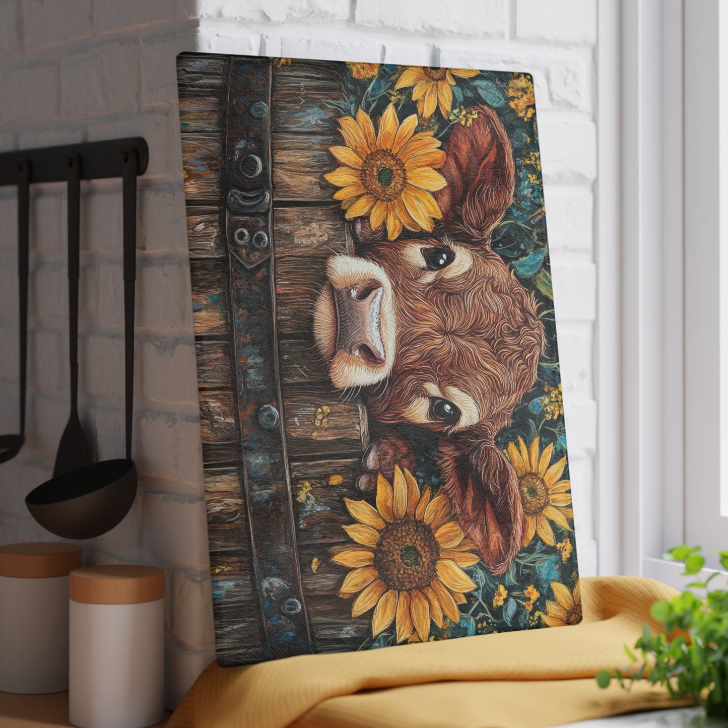 Cow and Sunflower Glass Cutting Board - Rustic Kitchen Decor